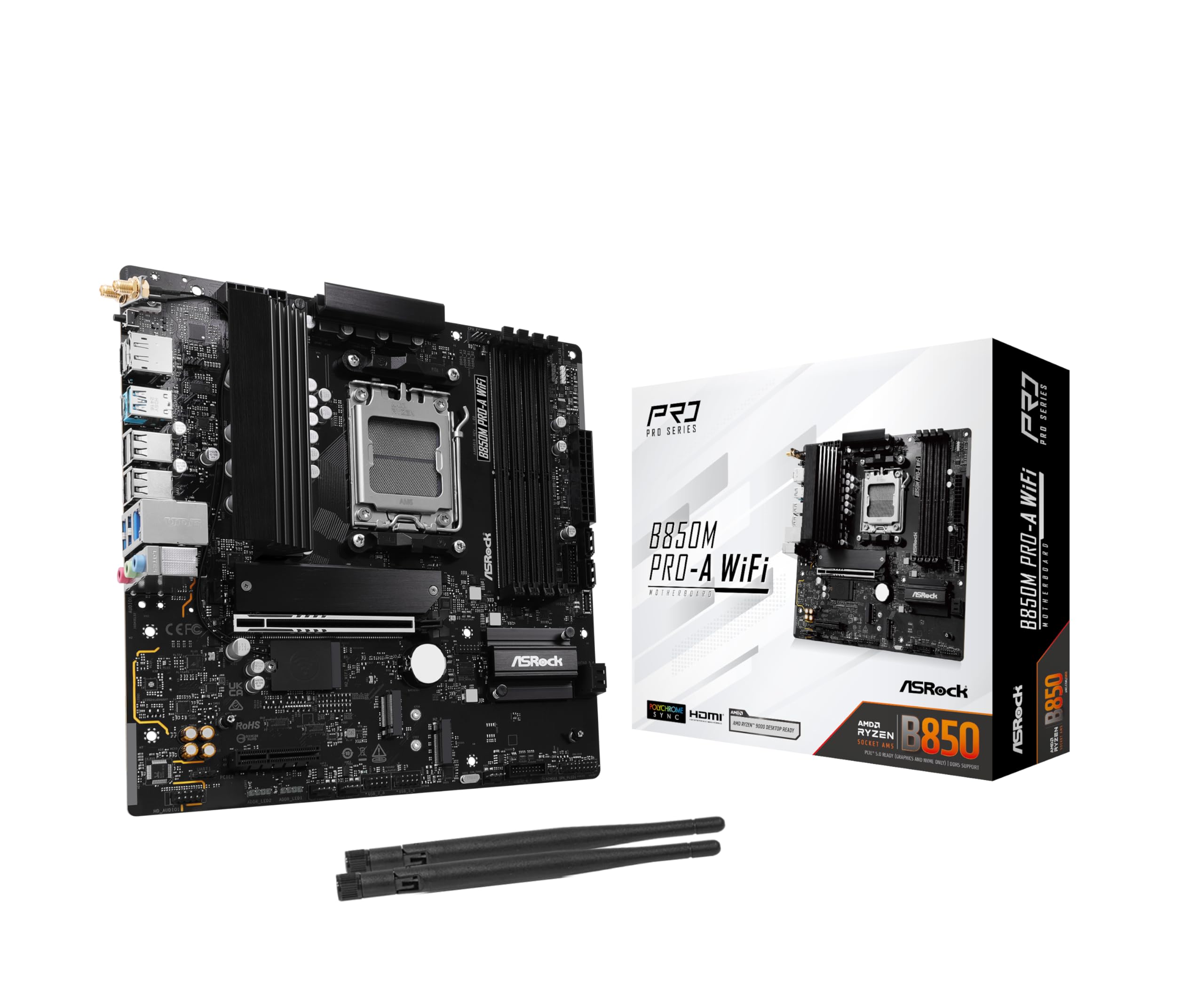 ASRock AMD B850M Pro A WiFi 6E Socket AM5 Ryzen 9000/8000/7000 Series DDR5 8000+ (OC) MHz 256GB Micro ATX Motherboard M.2 SATA3 6.0 Gb/s PCIe 5.0 BIOS Flashback 2.5G LAN
