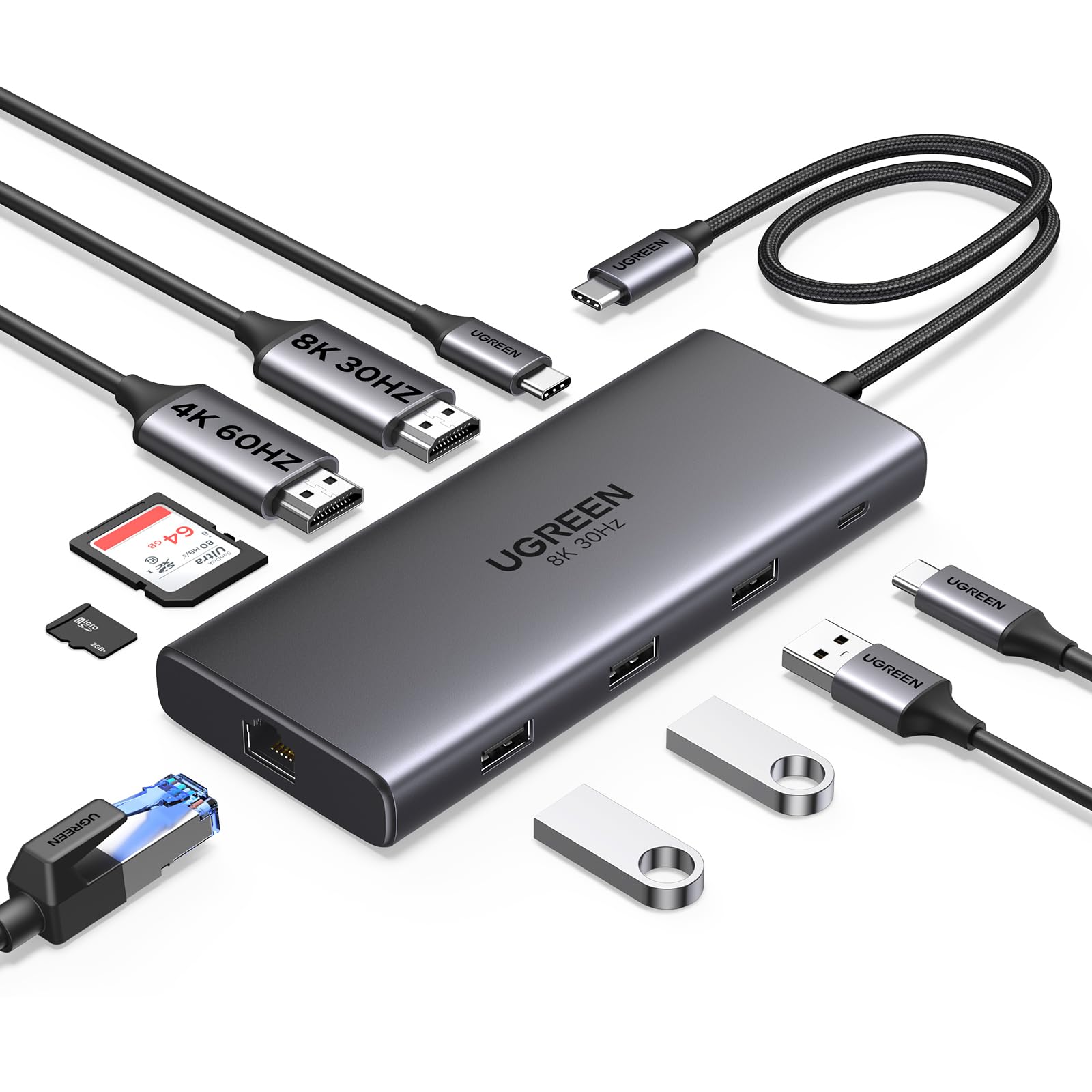 UGREEN Revodok Pro 210 Docking Station 10 in 1 USB C Dock Dual HDMI 4K@60Hz Single 8K@30Hz 100W PD 5Gbps USB C and USB A Data Ports Gigabit Ethernet, SD/TF Card Reader USB Hub Compatible for HP, Dell