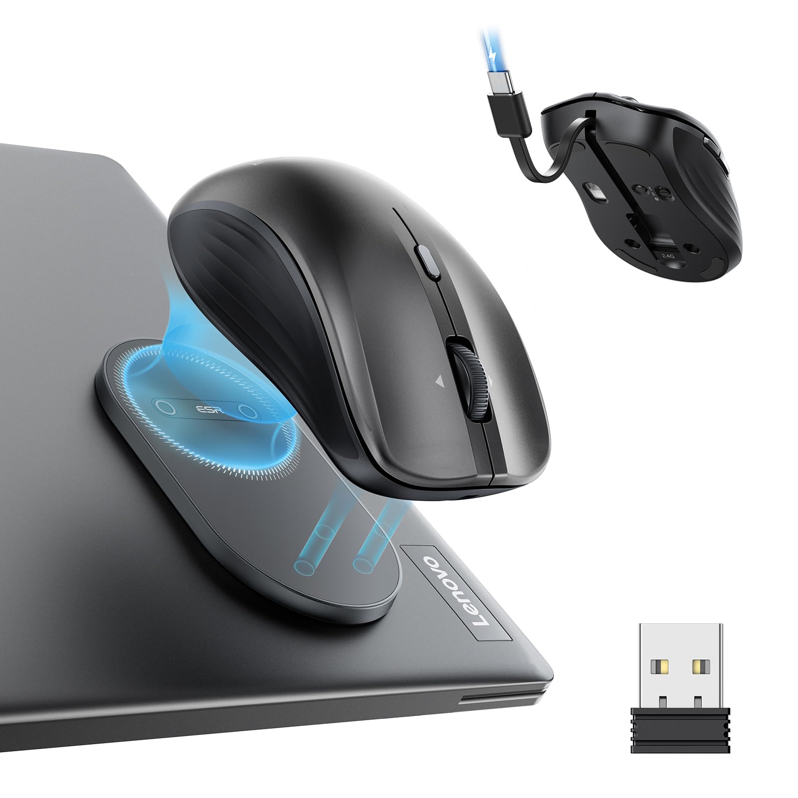 ESR MagMouse Snap-to-Carry Bluetooth Mouse, Rechargeable Wireless Mouse for Laptop with Built-in Charging Cable, Reusable Adhesive Holder, BT 5.0 + 2.4 GHz Connectivity, Silent, Ergonomic, Black