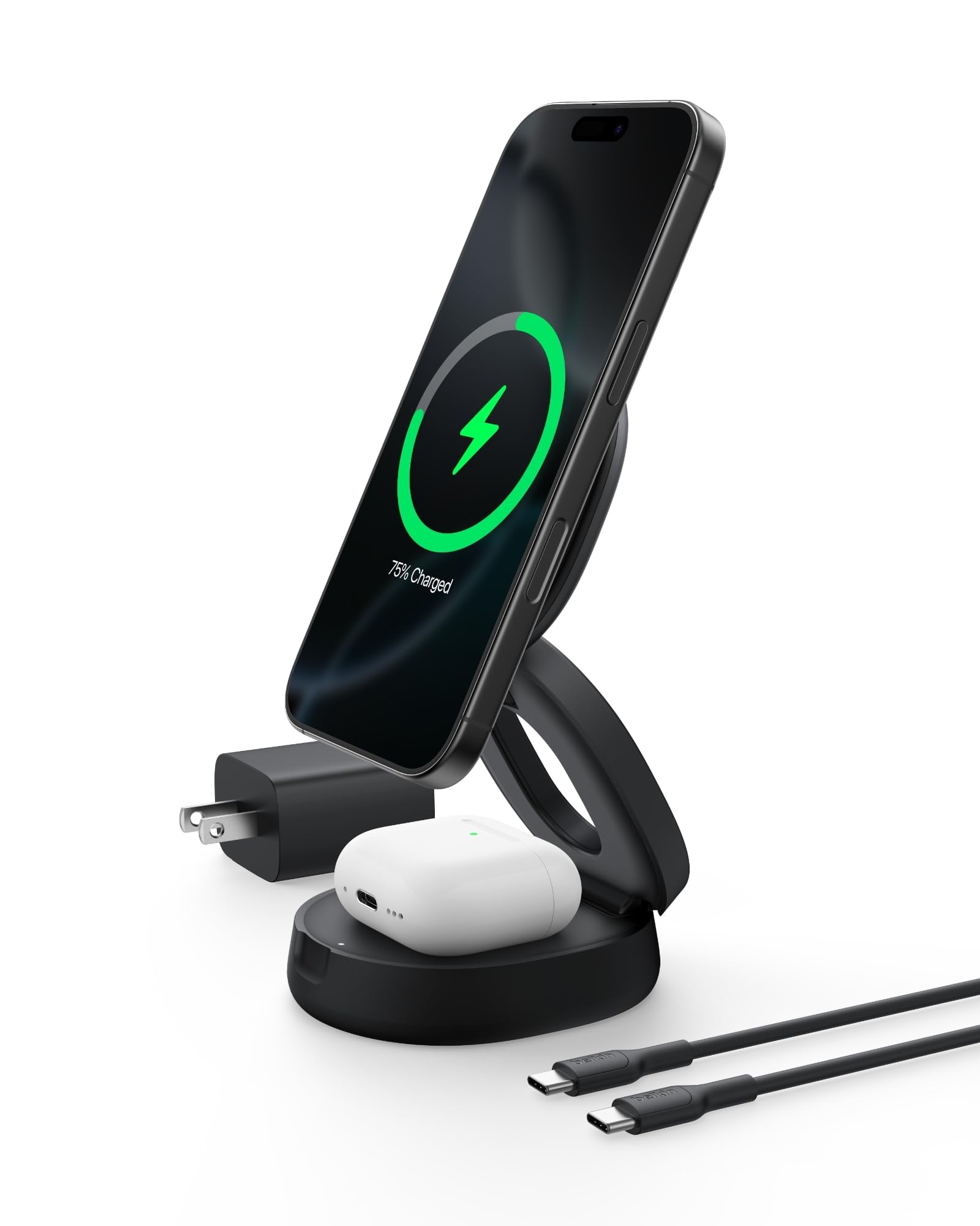 Belkin MagSafe Charger Compatible, 2-in-1 Qi2 Wireless Charging Station 15W, Convertible Wireless Charger for iPhone 16, Apple Watch, AirPods, Portable Phone Stand for Travel w/ 30W Adapter - Black
