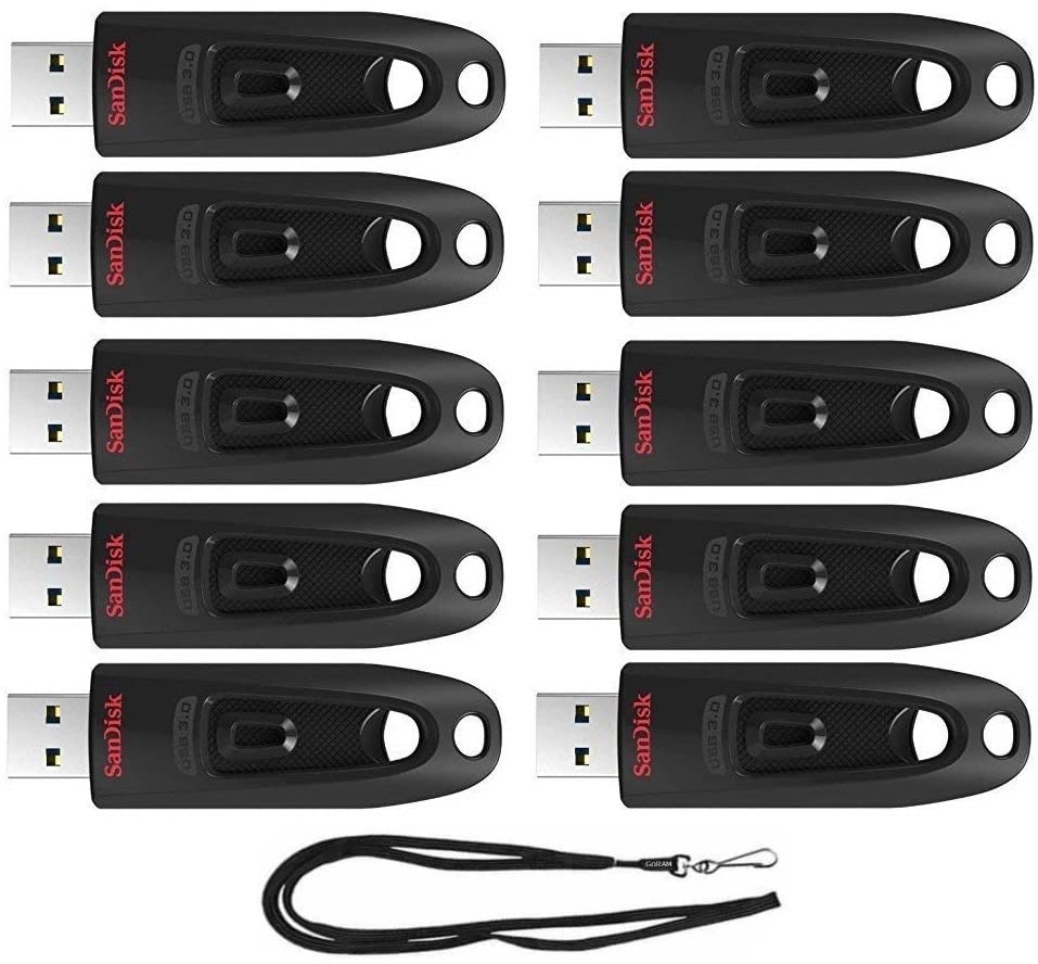 SanDisk 32GB Ultra 130MB/s USB 3.0 Flash Drive SDCZ48-032G Bundle with (1) GoRAM Black Lanyard (32GB, 10 Pack)