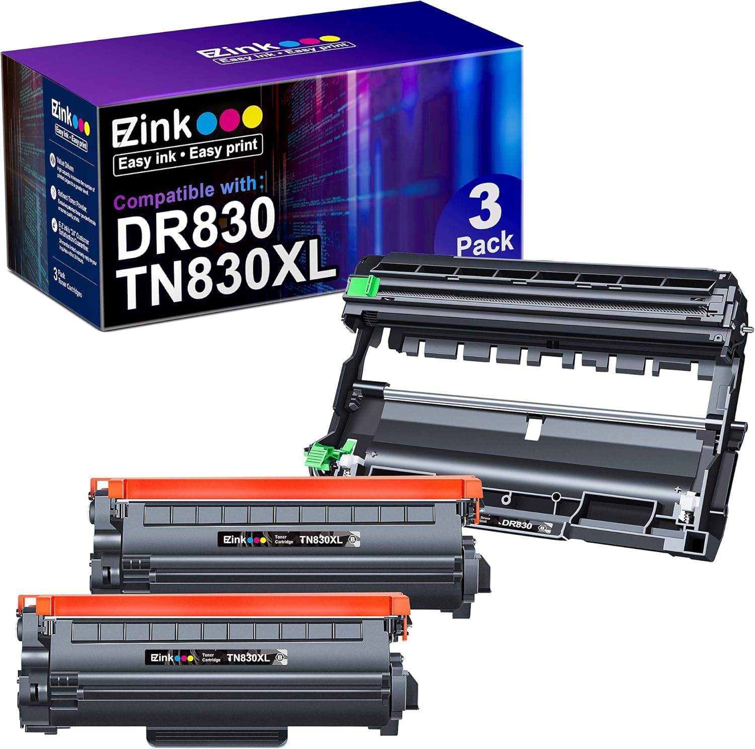 E-Z Ink Compatible TN830XL Toner Cartridges DR830 Drum Unit Replacement for Brother TN830XL Toner Cartridges DR830 Drum Unit for HL-L2460DW DCP-L2640DW HL-L2480DW HL-L2400D HL-L2405W Printer(3Pack)
