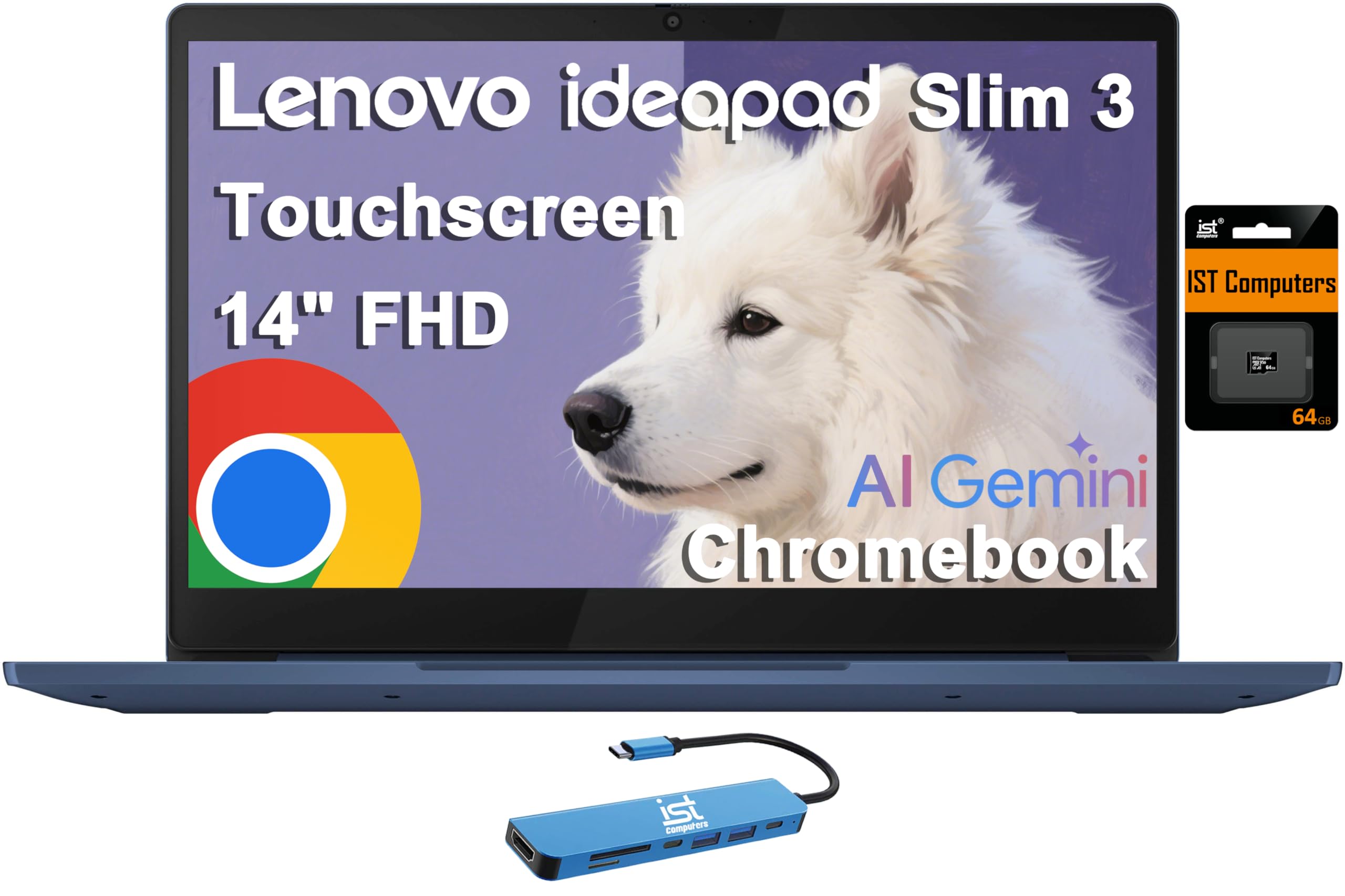 Lenovo IdeaPad Slim 3 Chromebook Laptop (14" FHD Touchscreen, 8-Core MediaTek Kompanio 520, 4GB RAM, 128GB (64GB eMMC+64GB SD)), Anti-Glare, Webcam, 13-Hr Long Battery Life, IST HUB, Chrome OS, Blue