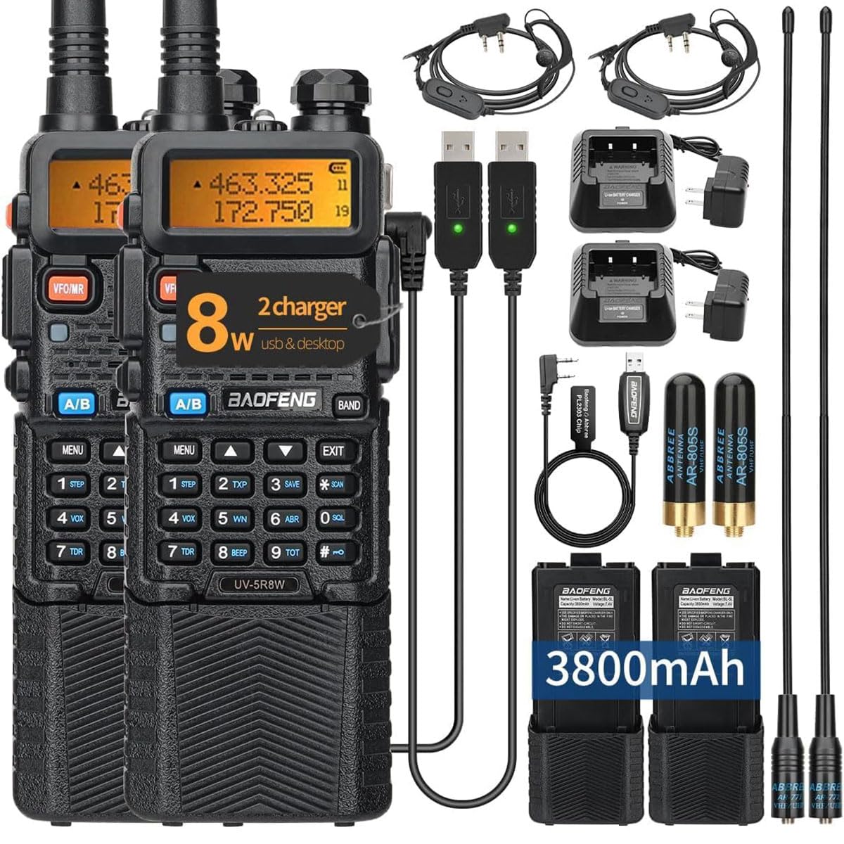 Ham Radio Baofeng UV-5R Radio 8W Long Range UV5R Dual Band Handheld High Power 3800mAh Rechargeable Walkie Talkies Handheld Two Way Radio with Programming Cable and Earpiece for Survival Gear,2Pack