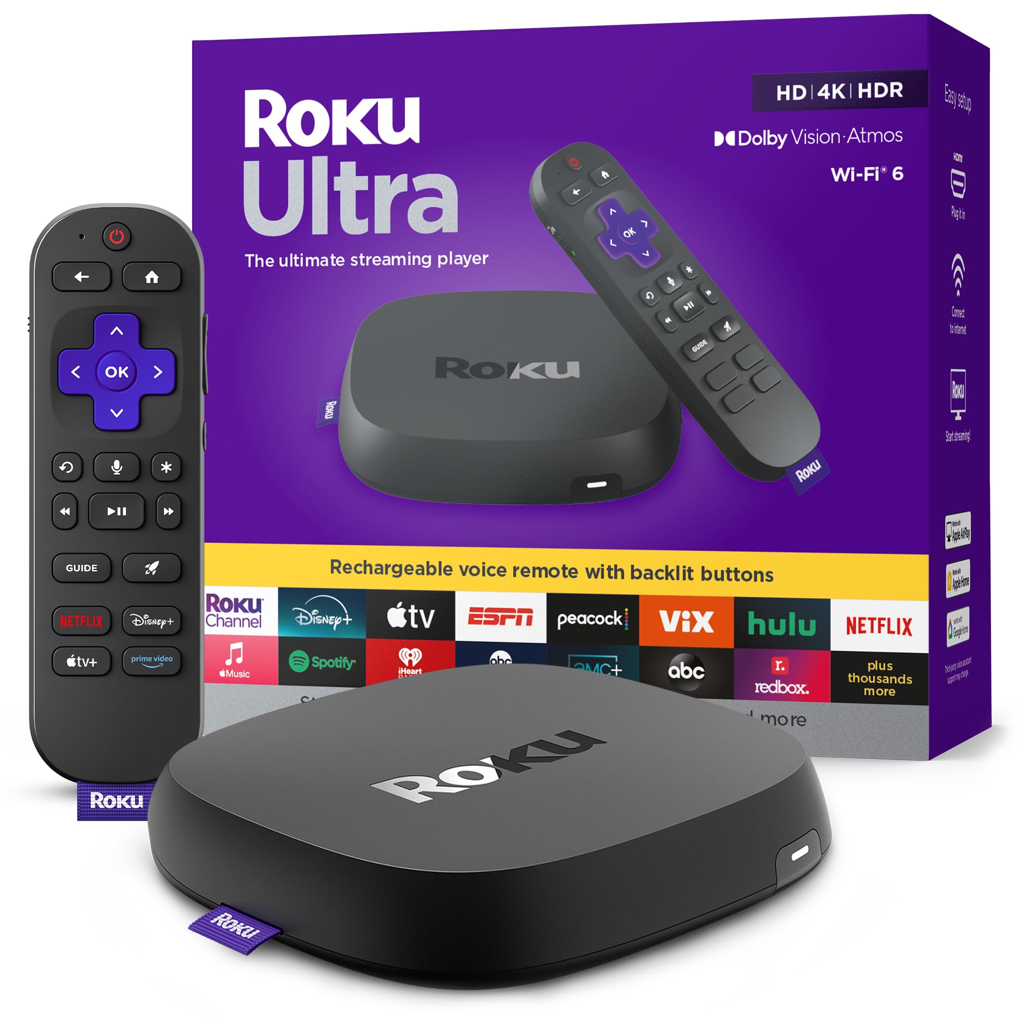 Roku Ultra 2024 (Renewed) – 4K Streaming Device with HDR10+, Dolby Vision & Atmos, Wi-Fi 6, Bluetooth, Rechargeable Voice Remote Pro with Backlit Buttons, Free & Live TV