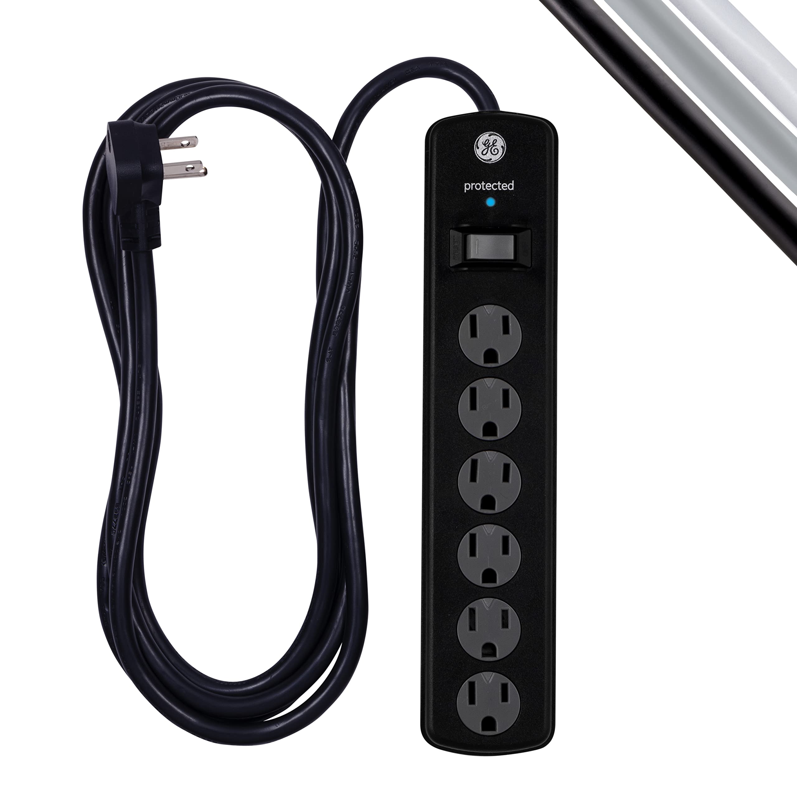 GE 6-Outlet Surge Protector, 8 Ft Extension Cord, Power Strip, 1300 Joules, Flat Plug, Twist-to-Close Safety Covers, Protected Indicator Light, ETL Listed, Black, 33662