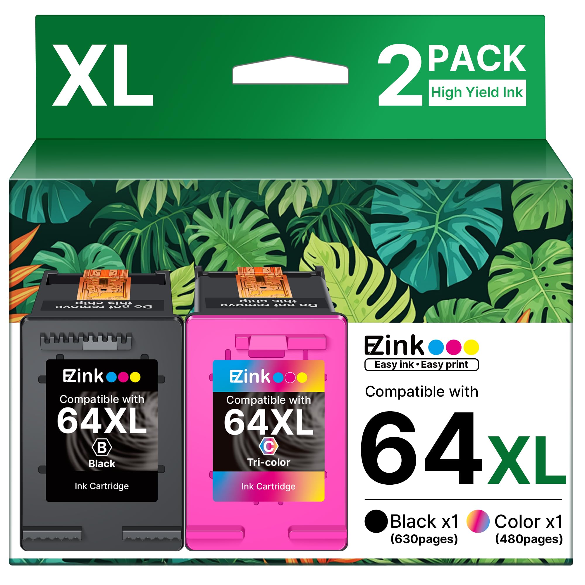 64XL Ink Cartridges Black and Color Combo Pack Remanufactured for HP Ink 64 64XL 64 XL Ink to use with HP Envy Photo 7855 7858 7155 7120 7158 7164 6255 Tango X Printers (1 Black, 1 Tri-Color)