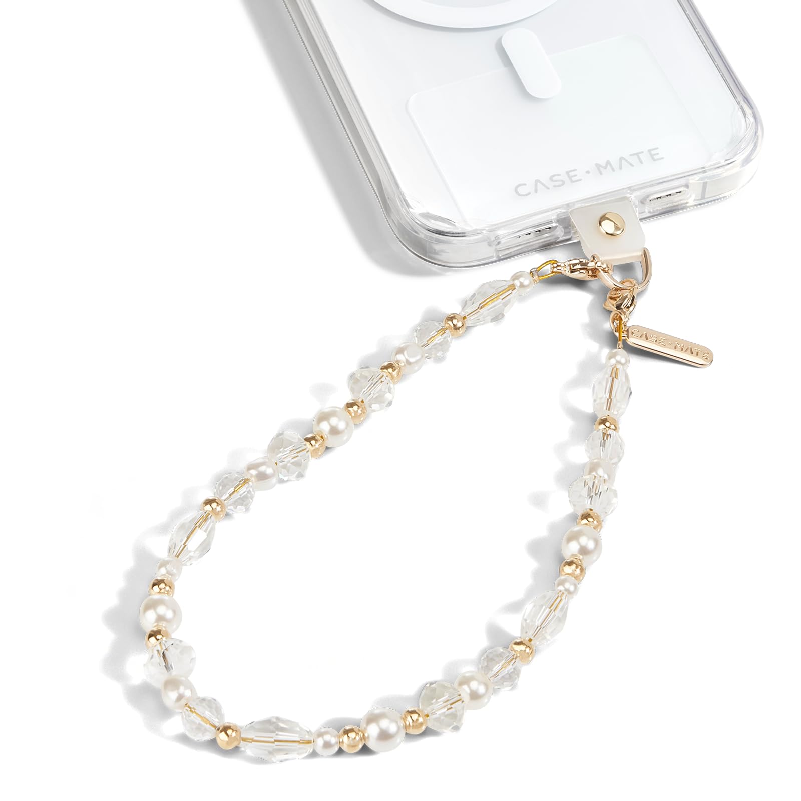 Case-Mate Beaded Phone Charm - Detachable Anti Theft Strap - Hands-Free iPhone Wrist Strap for Women - Phone Chain Wristlet - Fits Galaxy, Pixel and More - Crystal Pearl Gold