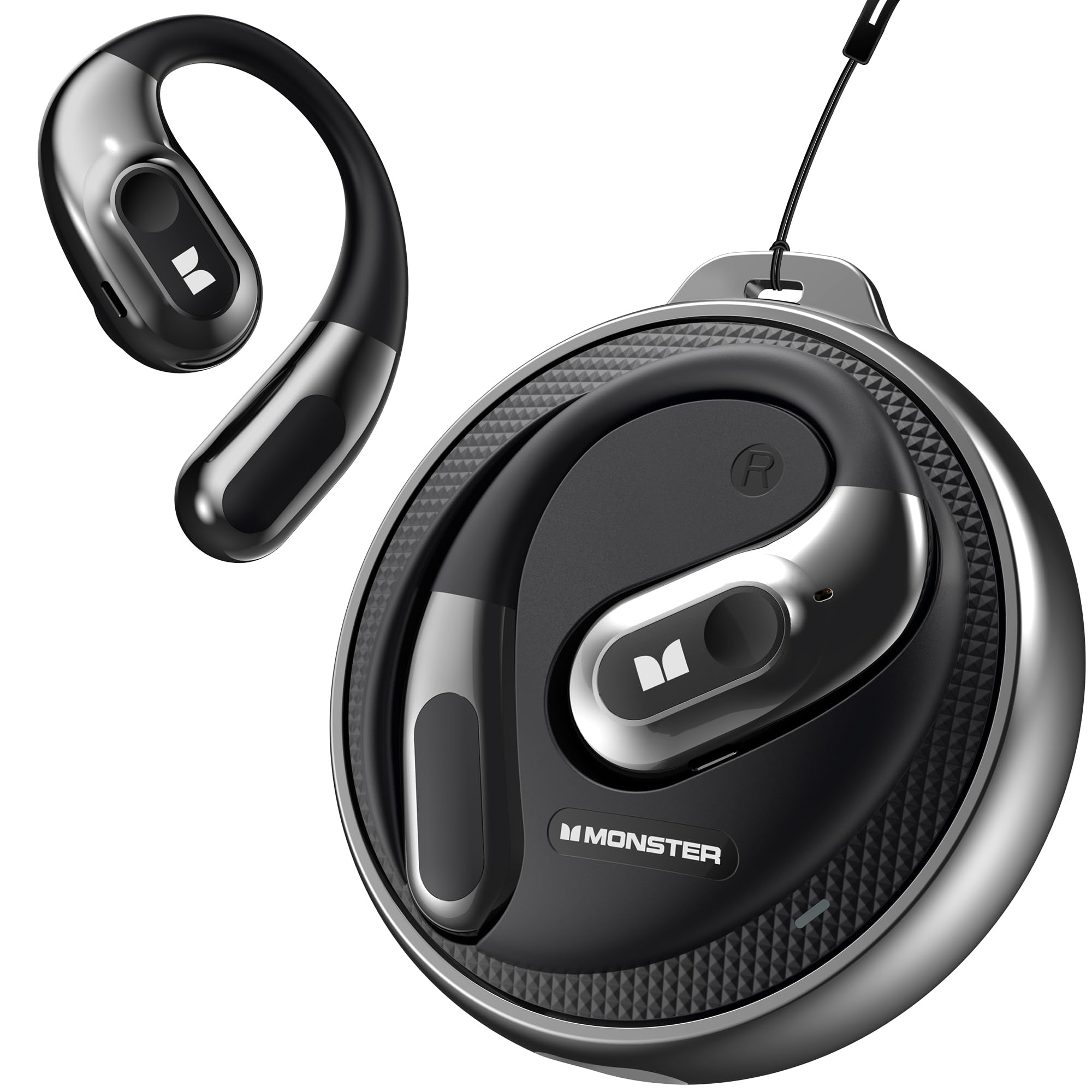 Monster Open Ear Headphones AC330, Wireless Earbuds Bluetooth 5.4 with Clear Talk, Stylish Rotating Case with Lanyard, Type-C Charging, Comfort Fit, 24H Playback, IPX5 Water Resistant, Black
