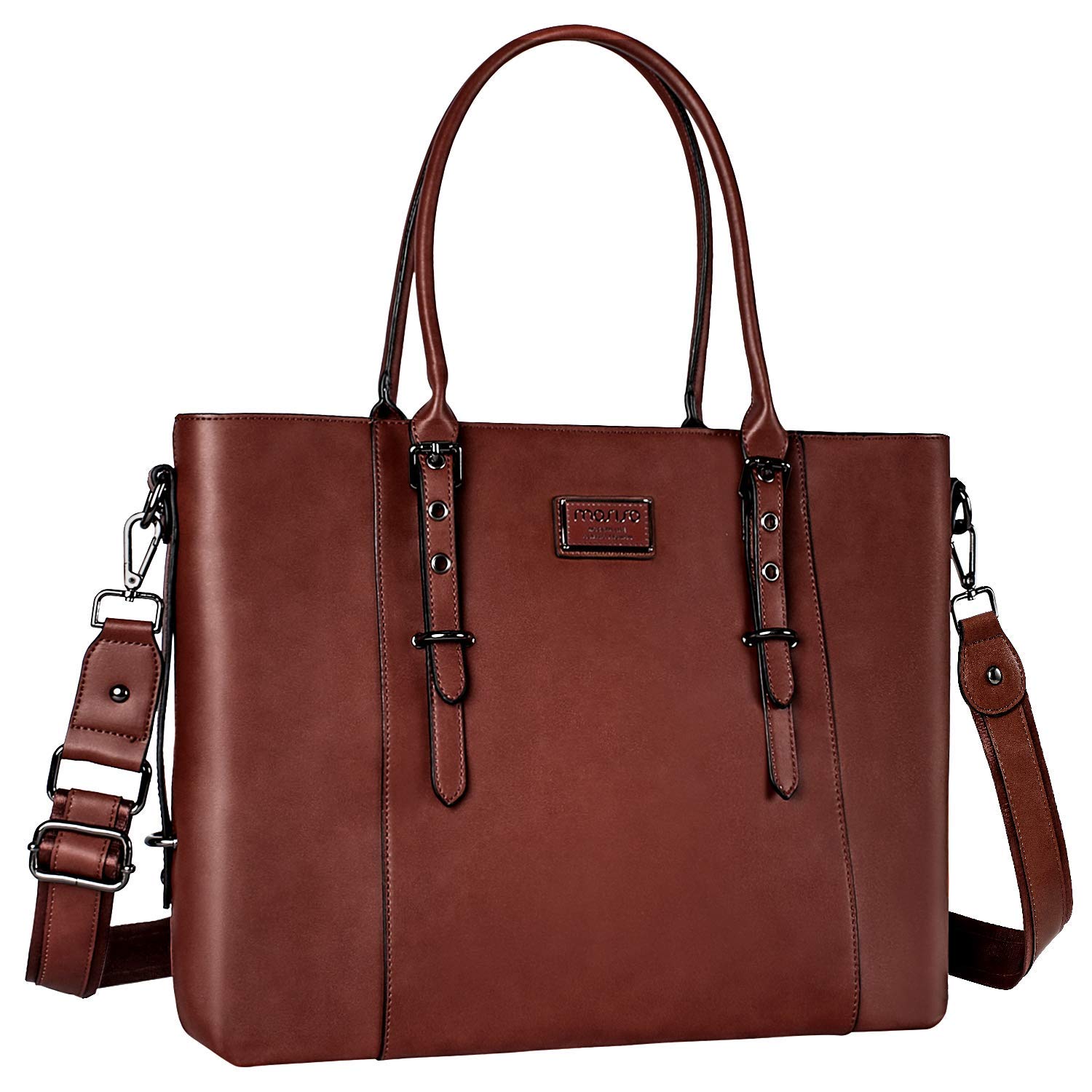 MOSISO PU Leather Laptop Tote Bag for Women (17-17.3 inch), Waterproof Large Capacity Business Work Briefcase Shoulder Laptop Bag, Brown