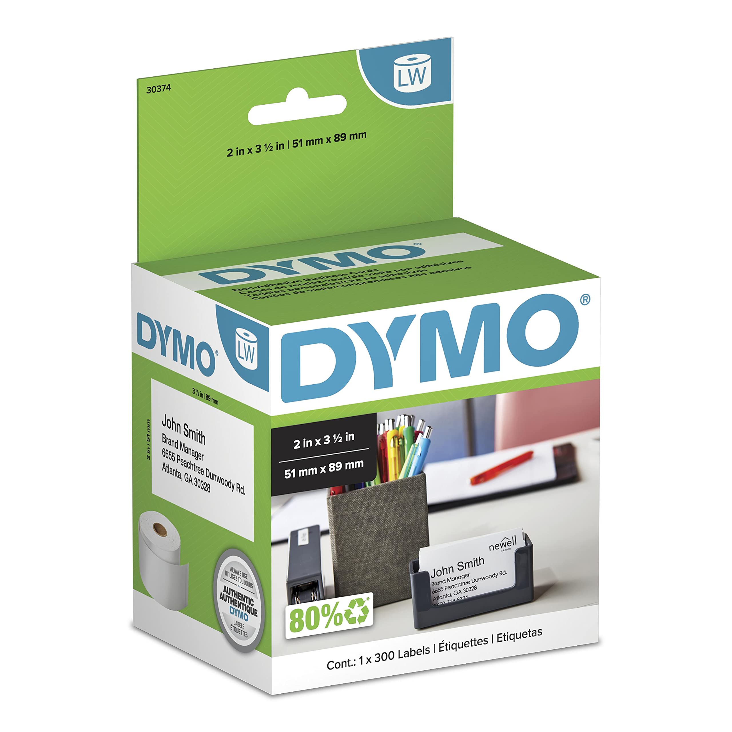 DYMO Authentic LW Non-Adhesive Business Card Labels for LabelWriter Label Printers, White, 2" x 3-1/2", 1 Roll of 300
