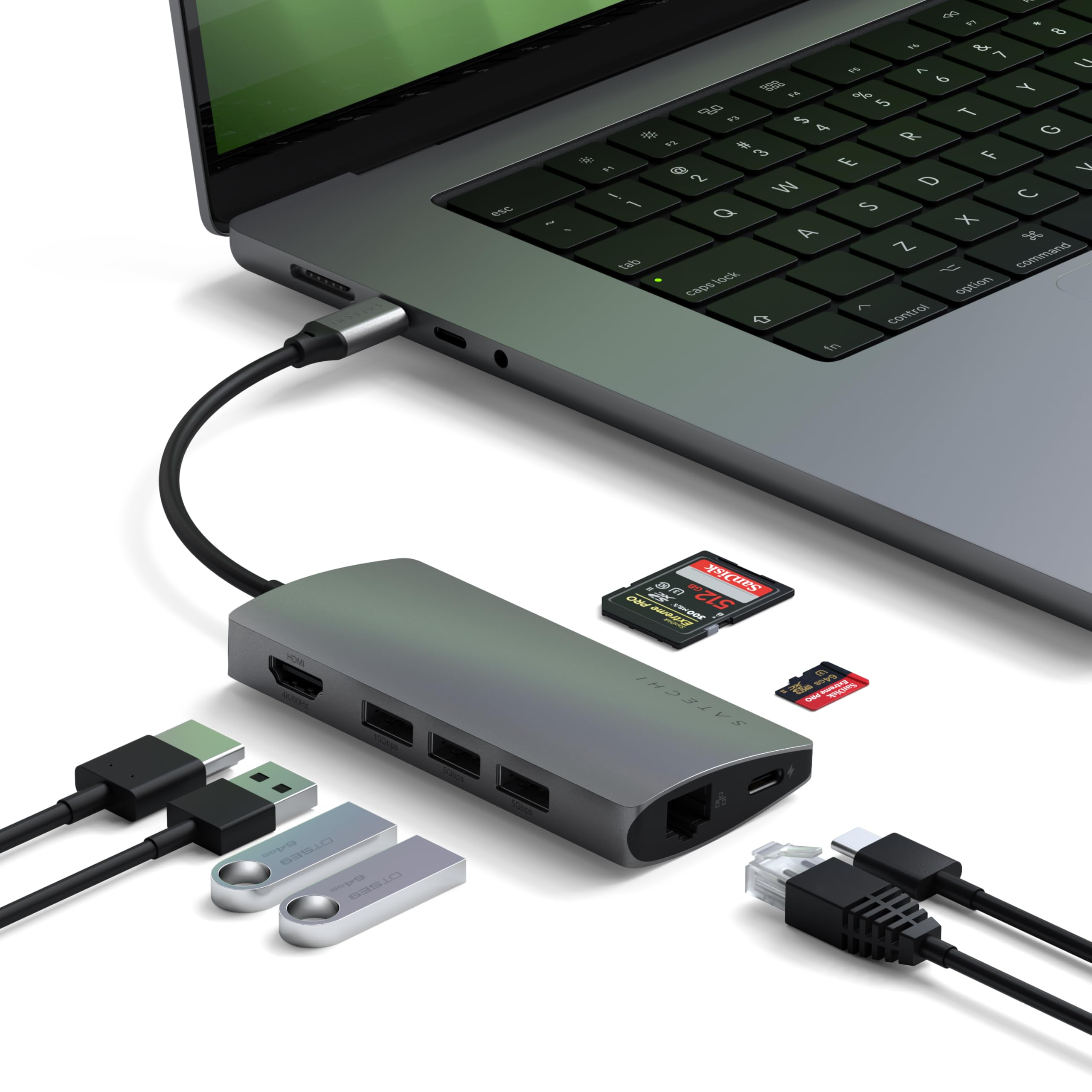 Satechi 8 in 1 USB C Hub Multiport Adapter V2, 4K HDMI, 115W USB C PD Charging, 3 USB-A, Ethernet, Micro/SD Card Readers, for Laptop, MacBook Pro/Air M4/M3/M2/M1, iPad, iPhone 16, Windows - Space Gray