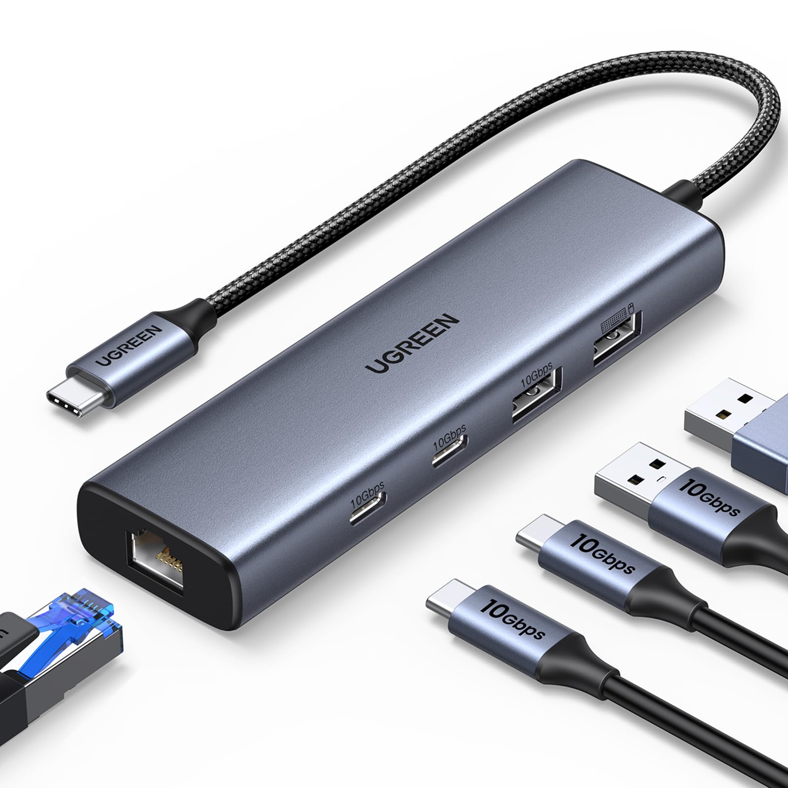 UGREEN USB C to Ethernet Adapter, 10Gbps Data Port 6-in-1 Hub Ethernet with 2*USB-C 3.2, USB-A 3.2/2.0, Gigabit RJ45, Power Port (Only for Adapter), Type C to Network Dongle for Laptop, MacBook, XPS