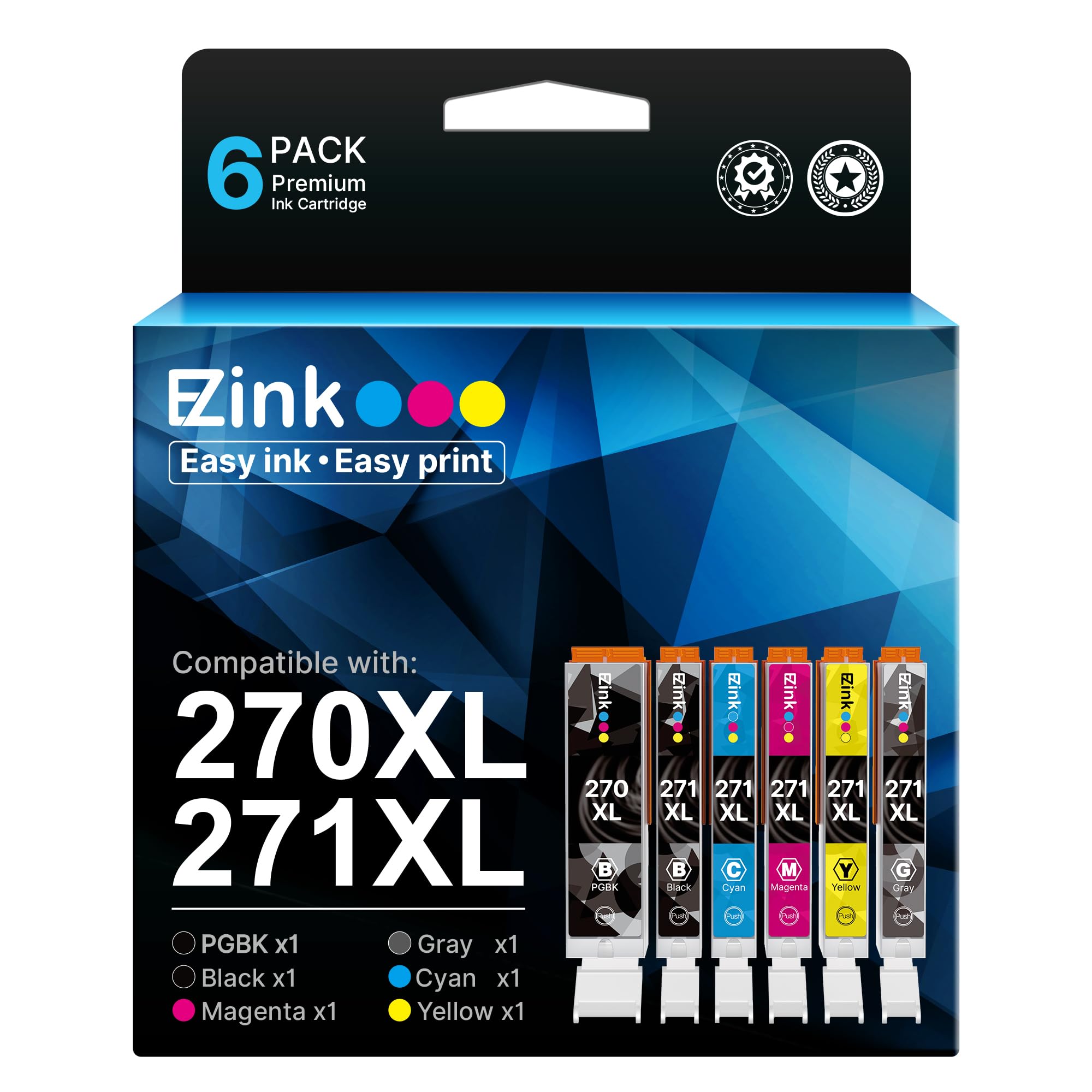 E-Z Ink 270 271 XL Ink Cartridges Compatible for Canon PGI-270XL CLI-271XL 6 Color Value Pack, use with TS9020 MG7720 TS8020 MG5720 MG5721 MG5722 MG6820 MG6821 MG6822 TS5020 TS6020 Printer