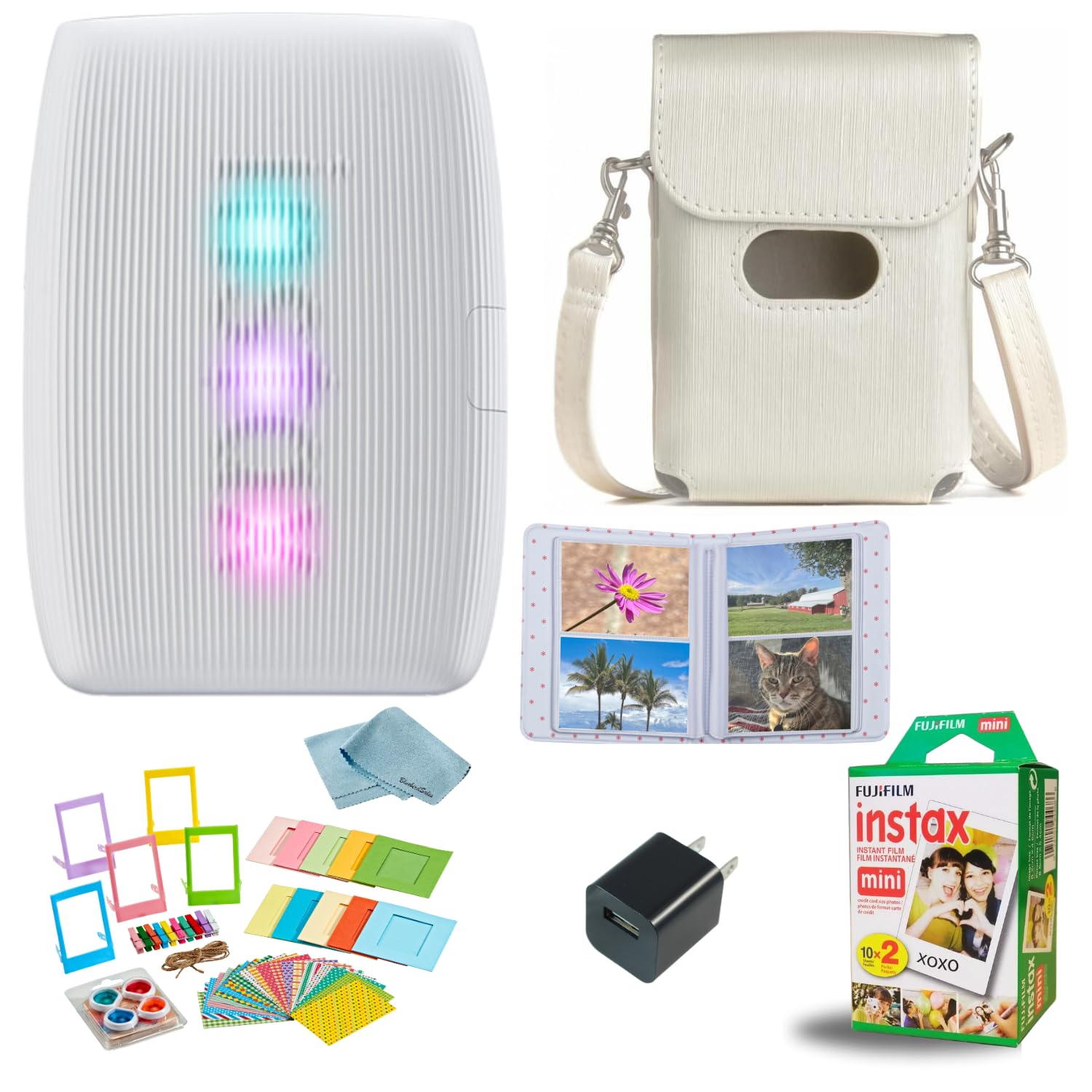 Fujifilm INSTAX Mini Link 3 Smartphone Printer + INSTAX Mini Instant Film (20 Sheets) + USB Wall Charger + BluebirdSales Travel Bag, Photo Album, Microfiber Cleaning Cloth (Clay White)