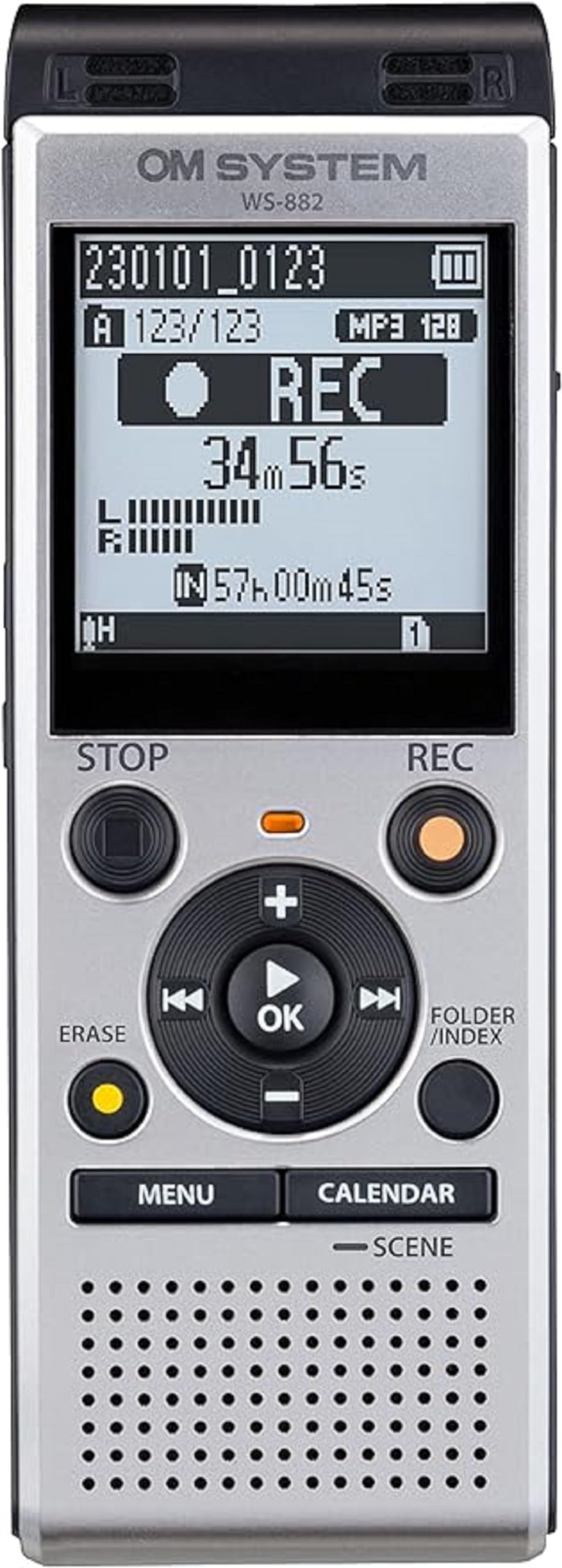 OM SYSTEM WS-882 4GB Digital Stereo Voice Recorder, Silver/Black
