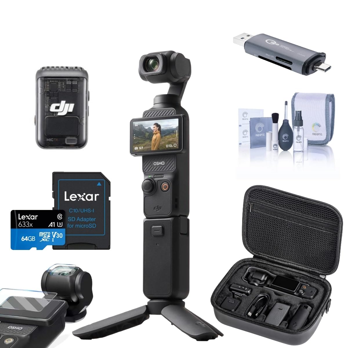 DJI Osmo Pocket 3 Creator Combo, Vlogging Camera, 4K/120fps Video, 3-Axis Stabilization, Mic Included for Clear Sound, Bundle with Carrying Case, Screen Protector, 64GB Memory Card, Card Reader