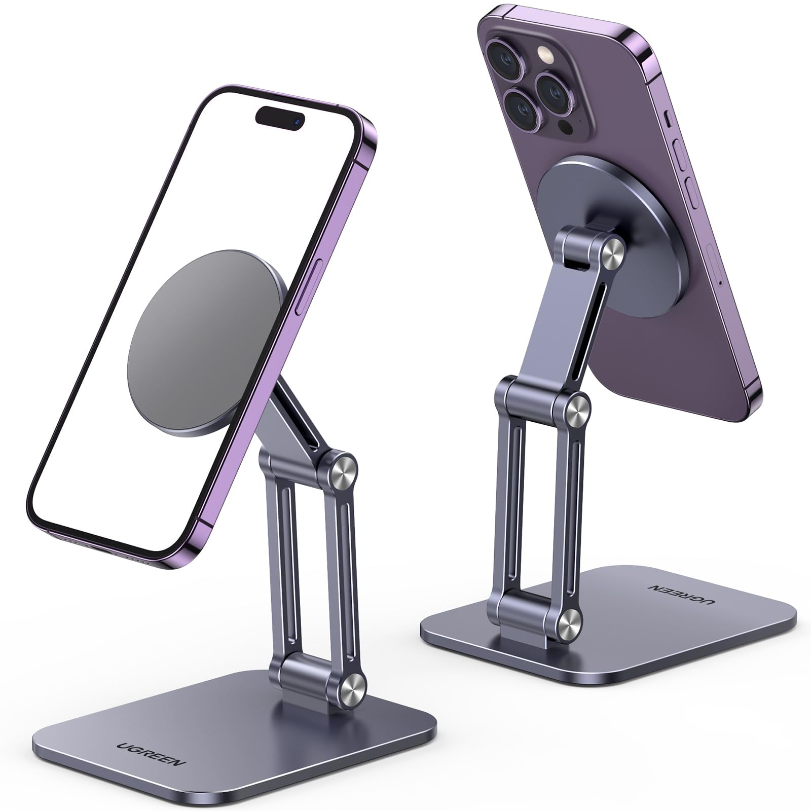 UGREEN Magnetic Phone Stand Compatible with MagSafe iPhone Holder for Desk Ergonomic Design Adjustable, Aluminum Cell Phone Stand Compatible for iPhone 16 15 14 13 12 Pro Max and MagSafe Case, Grey