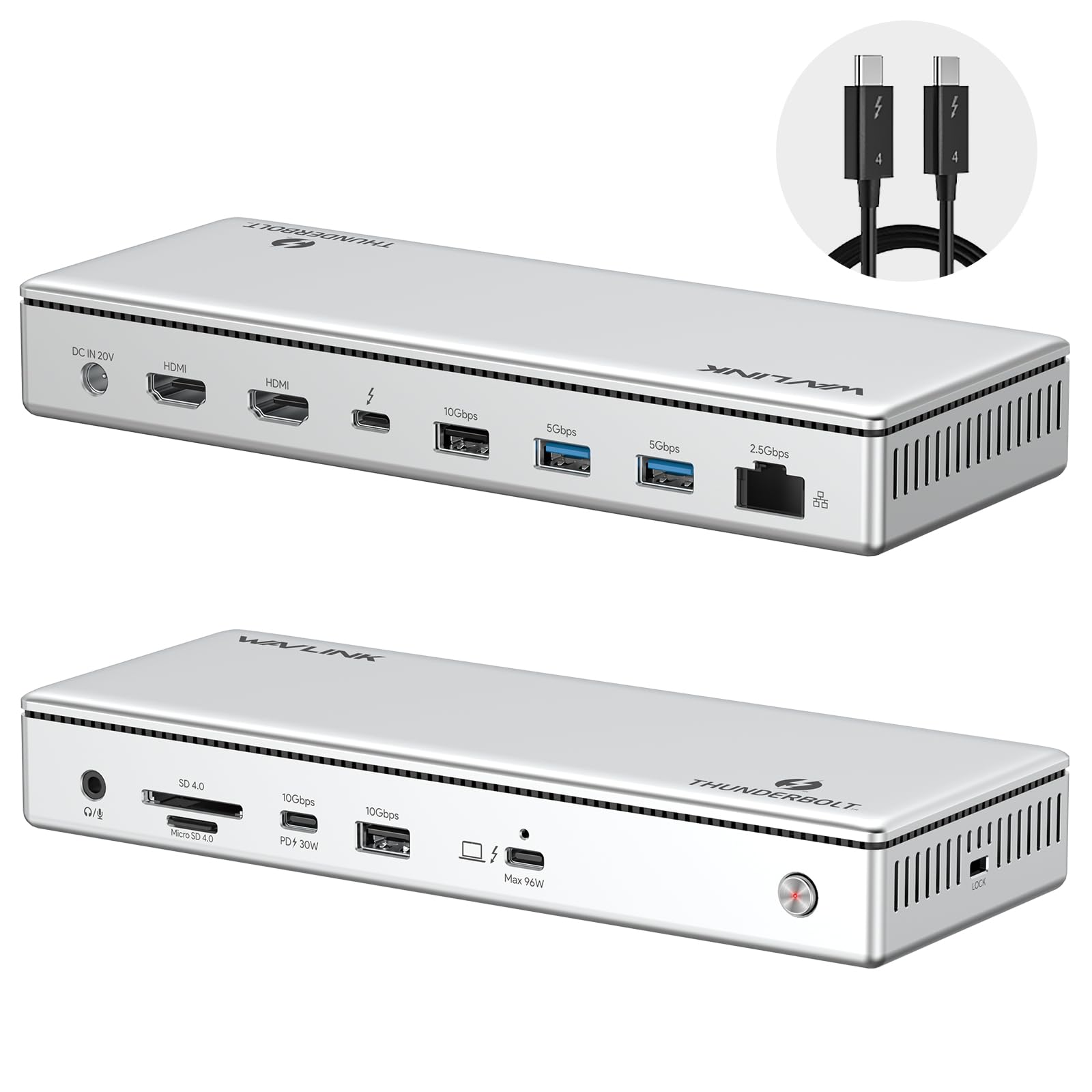 WAVLINK Thunderbolt 4 Hub with Dual HDMI 4K@60Hz,100W Charging, Thunderbolt Certified, 13-in-1 Thunderbolt 4 Dock Dual Monitor Single 8K Output for Windows or Mac, 4X USB, 2.5G Ethernet,SD/MicroSD