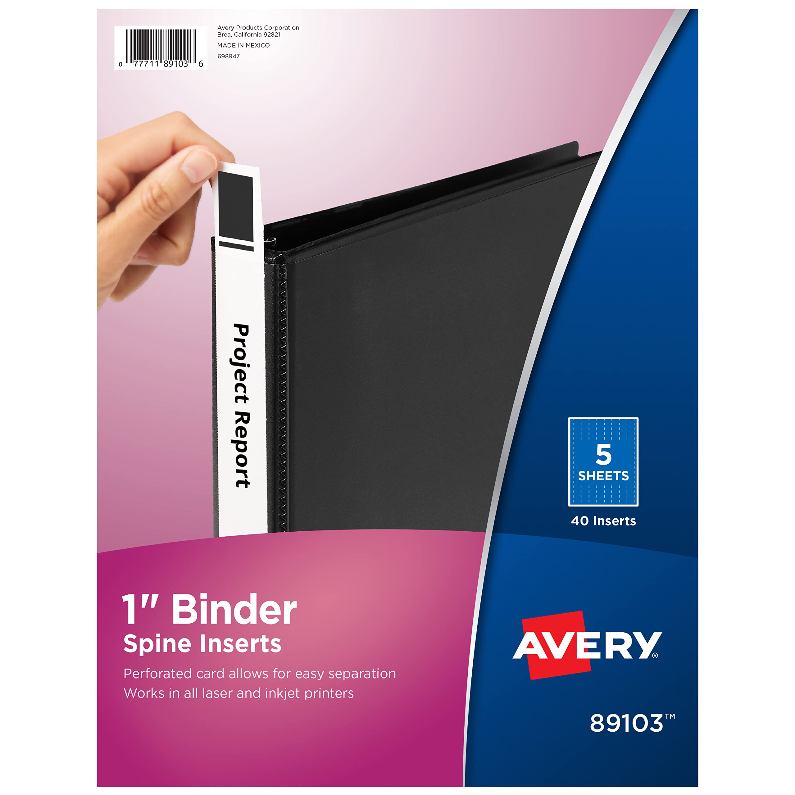 Avery Binder Spine Inserts, for 1 Inch Ring Binders Containing 1.4" Spine Width, 40 Cardstock Inserts (89103)