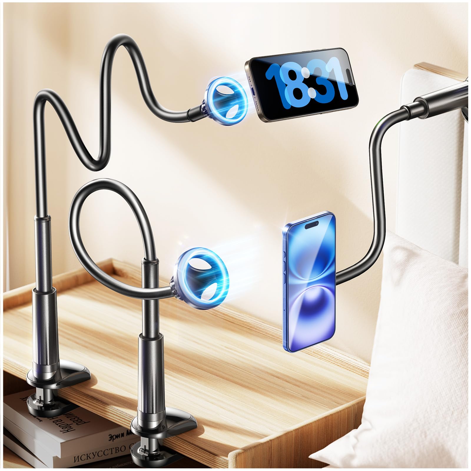 LISEN Gooseneck Phone Holder for Bed, MagSafe Stand for iPhone 16, Flexible Magnetic Adjustable Cell Phone Stand Compatible With iPhone 16 Pro 15 14 iPad