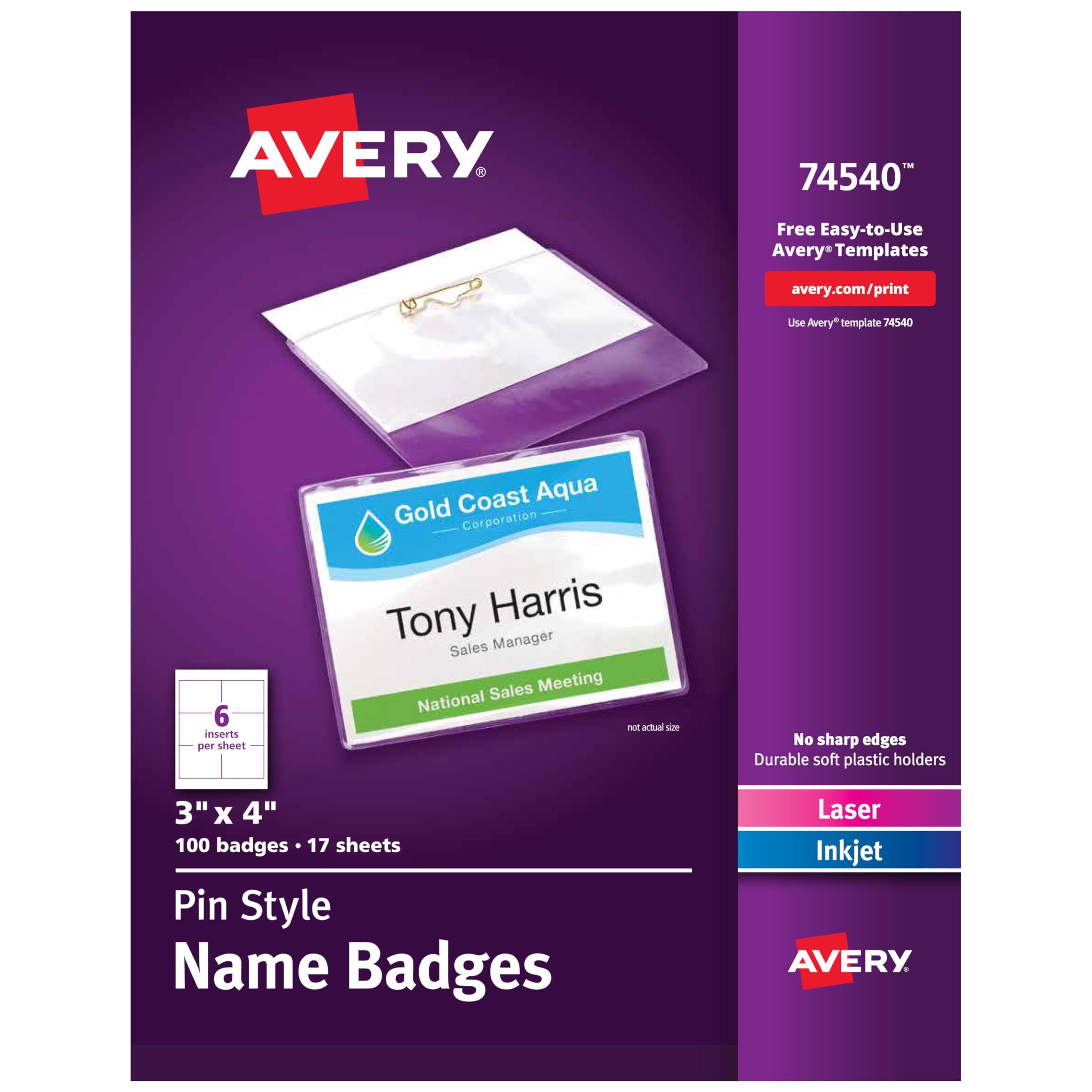 Avery Customizable Name Badges, Pin Style, 3" x 4", Clear Name Tag Holders, White Laser/Inkjet Printable Inserts, 100 Total (74540)