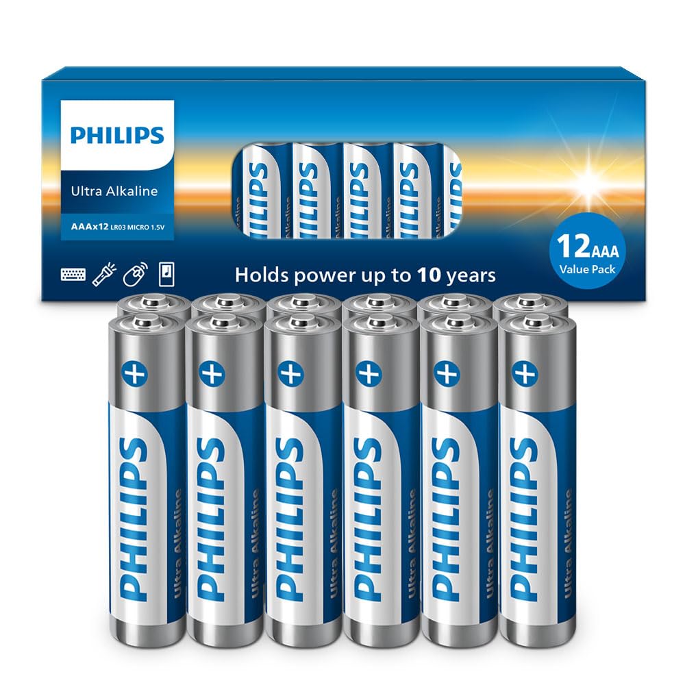 PHILIPS AAA Batteries, Ultra Alkaline Triple AAA Batteries 12 Pack, 1.5v Batteries 3A, Ultimate Long-Lasting Power for High-Drain Devices, 10-Year Shelf Life, Durable Leak-Proof Design.