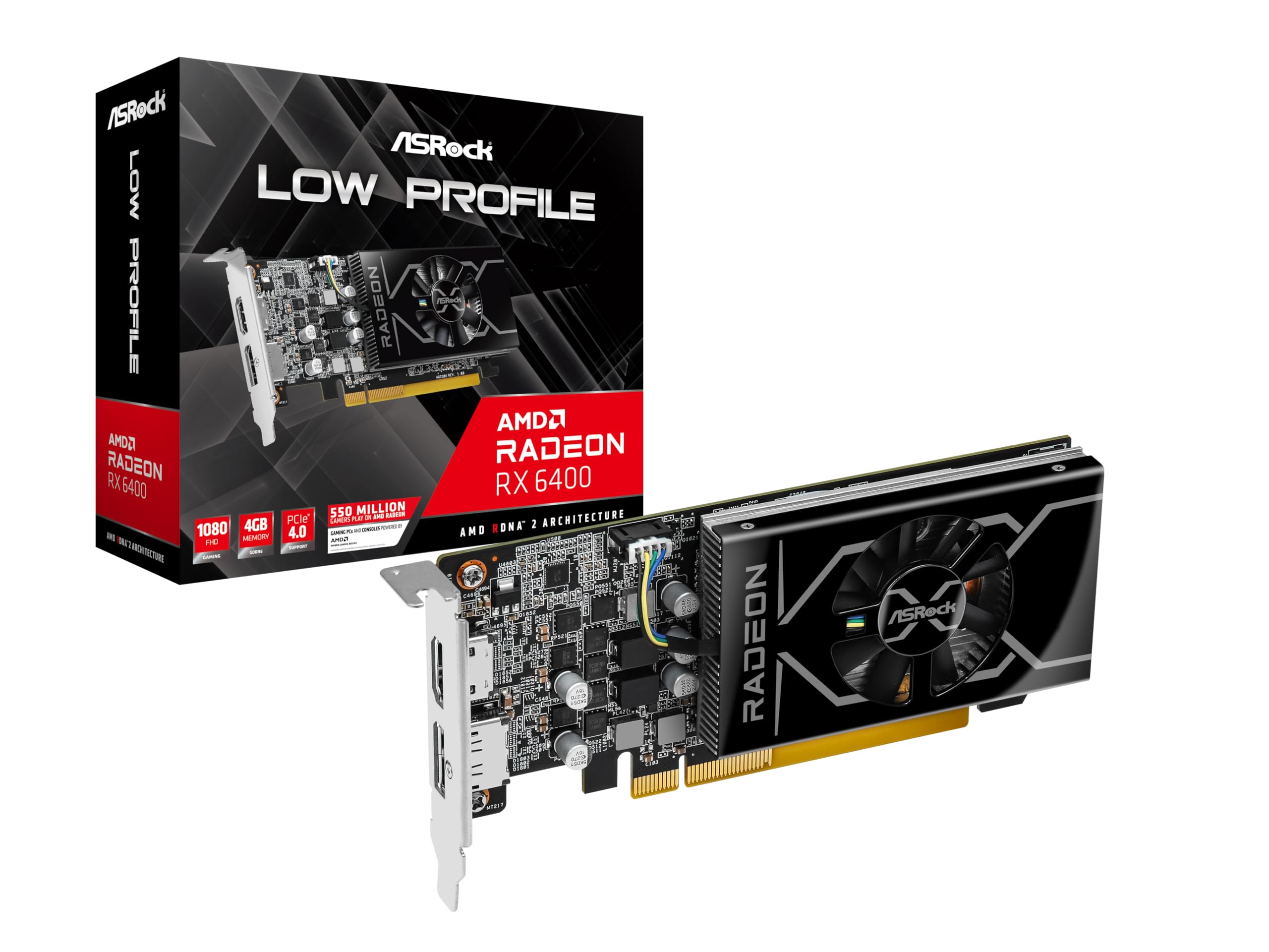 ASRock Low Profile AMD Radeon RX 6400 4GB GDDR6 Graphics Card - 2321 MHz Boost, Single Slot, SFF, HDMI 2.1, 0dB Cooling, DX12 Ultimate