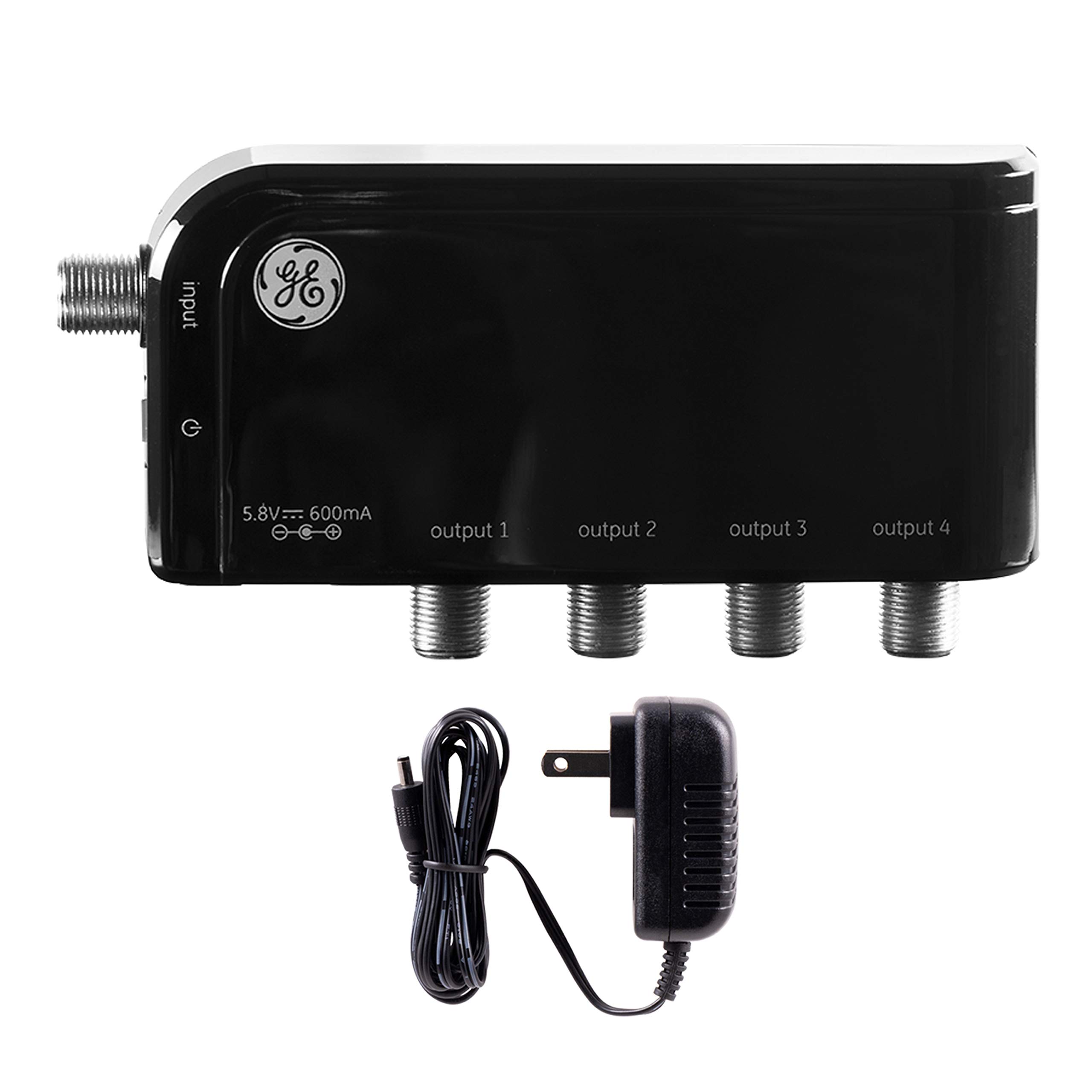 GE 4-Way HD Digital TV Antenna Amplifier, Low Noise Antenna Signal Booster, Clears Up Pixelated Low-Strength Channels, Supports Multiple HD Smart TVs, AC Adapter, Black, 34479