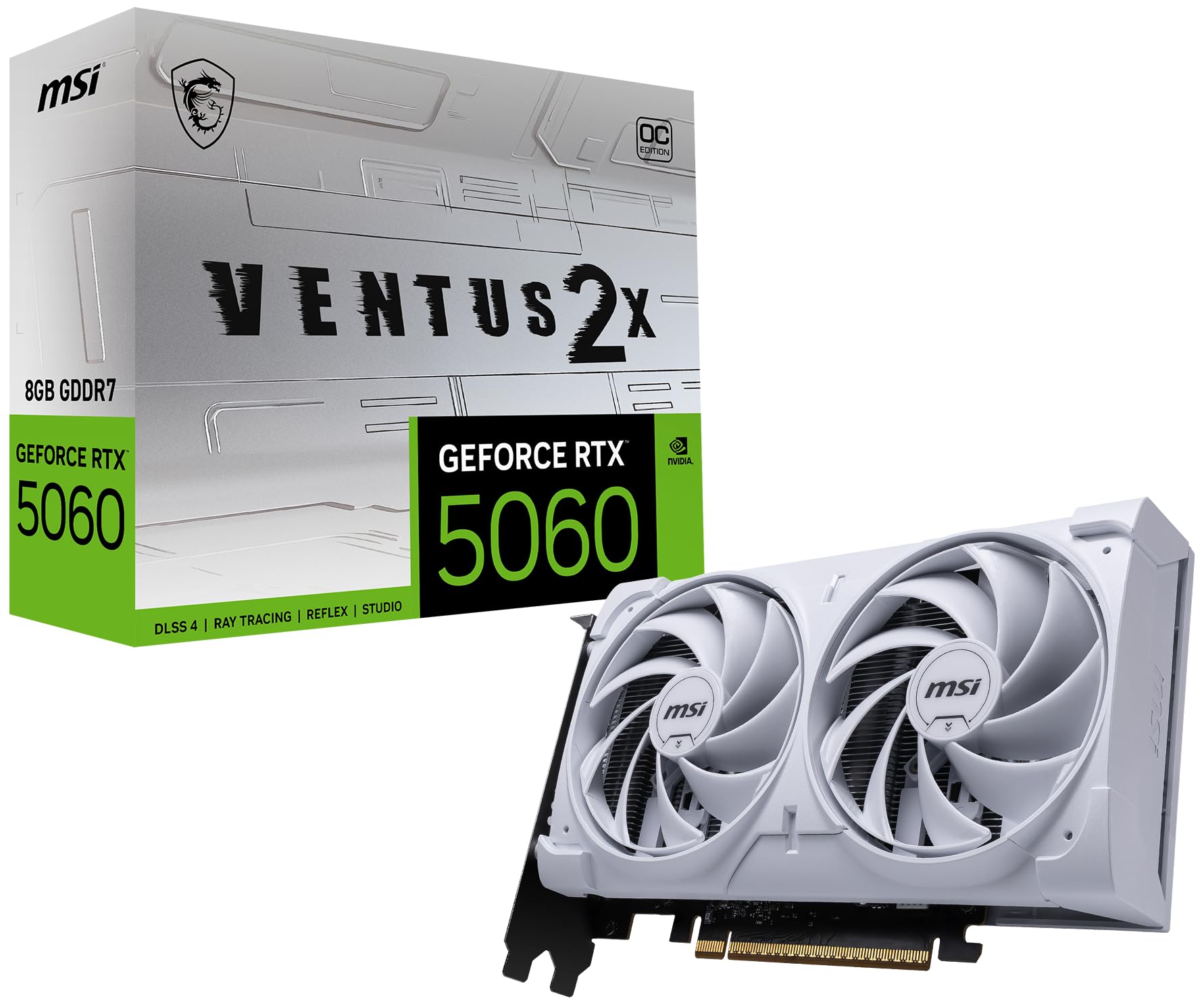 MSI Gaming RTX 5060 8G Ventus 2X OC White Graphics Card (8GB GDDR7,128-bit, Extreme Performance: 2535 MHz, DisplayPort x3 2.1a, HDMI 2.1b, NVIDIA Blackwell Architecture)