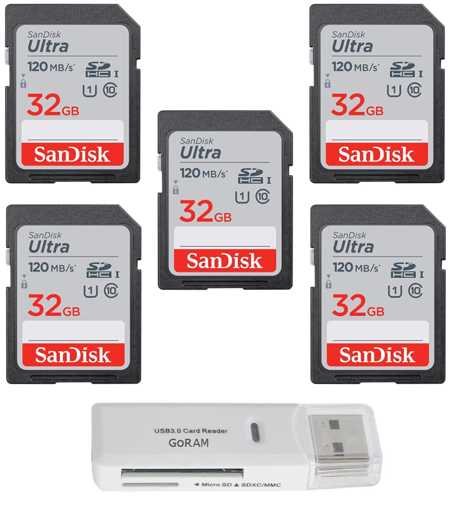 SanDisk 32GB Ultra SDHC UHS-I Class 10 Memory Card 120MB/s U1, Full HD, SD Camera Card SDSDUN4-032G (5 Pack) Bundle with (1) GoRAM USB 3.0 Card Reader