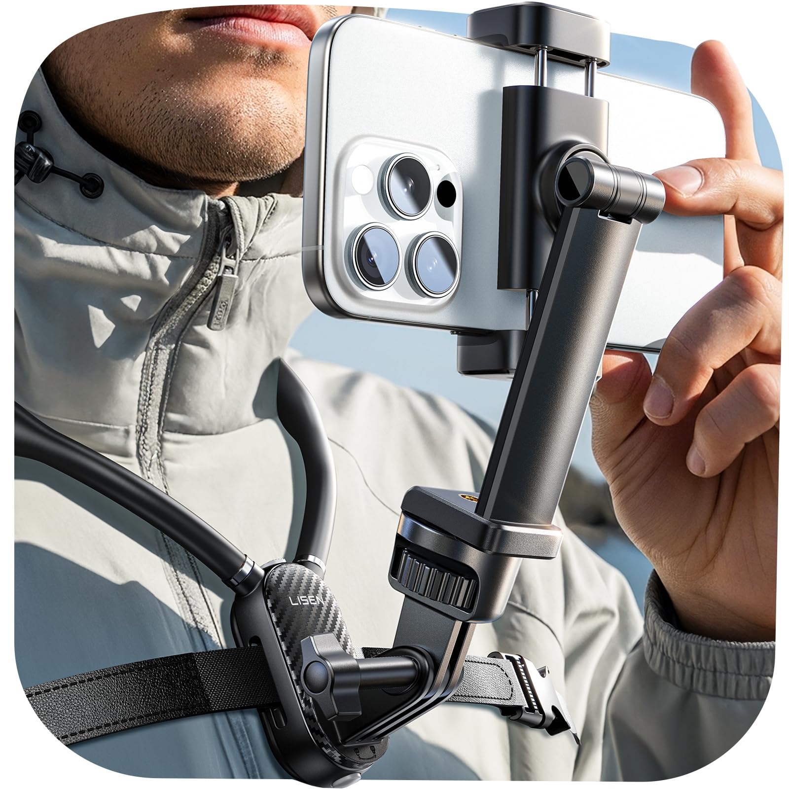 LISEN Neck Phone Holder GoPro Chest Mount for Filming [2025 Upgrad No.1] Phone Holder Video Recording for iPhone Samsung 4-7 Inch Phones AKASO/Go Pro/Insta360X5/DJI360 Camera Other Action Cameras