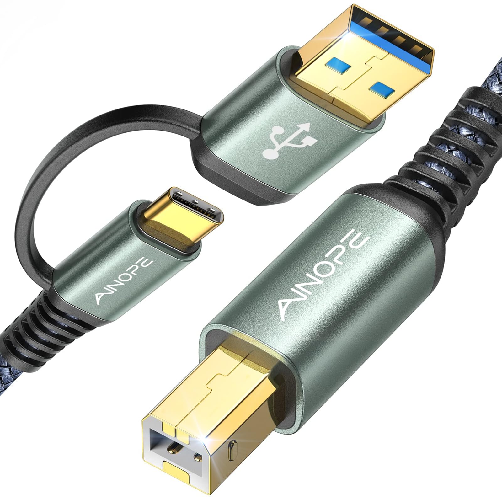 AINOPE Printer Cable, [2-in-1] Printer USB B to USB C/A MIDI Cable High Speed Nylon Braided for MacBook Pro, HP Canon Brother Dell Epson Lexmark DAC,MIDI Keyboard, 6.6FT, Grey