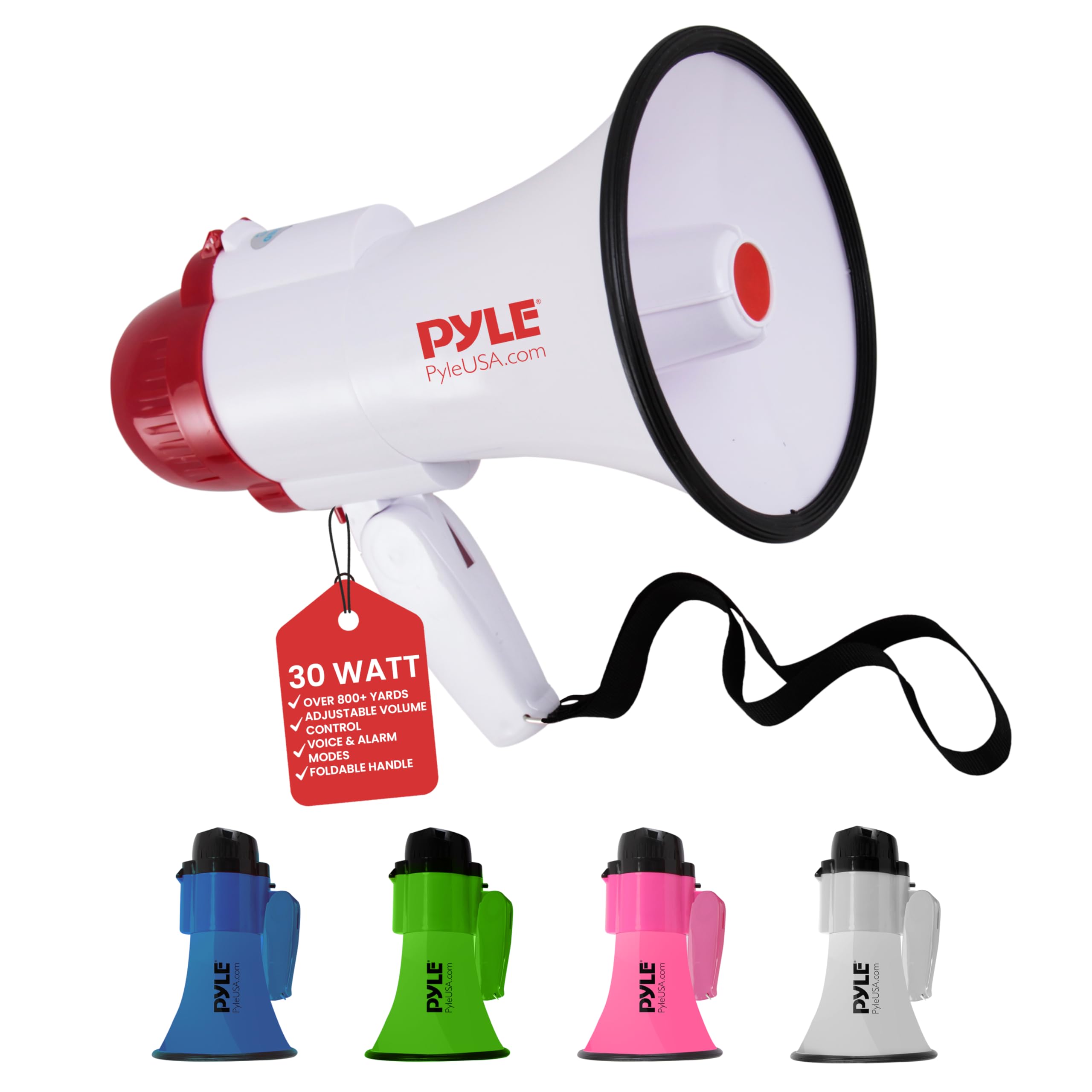 Pyle Lightweight 30-Watt Megaphone Bullhorn Speaker - Adjustable Volume, Built-in Siren for 800-Yard Range Suitable for Indoor/Outdoor Sports, Cheerleading, and Events (PMP30)