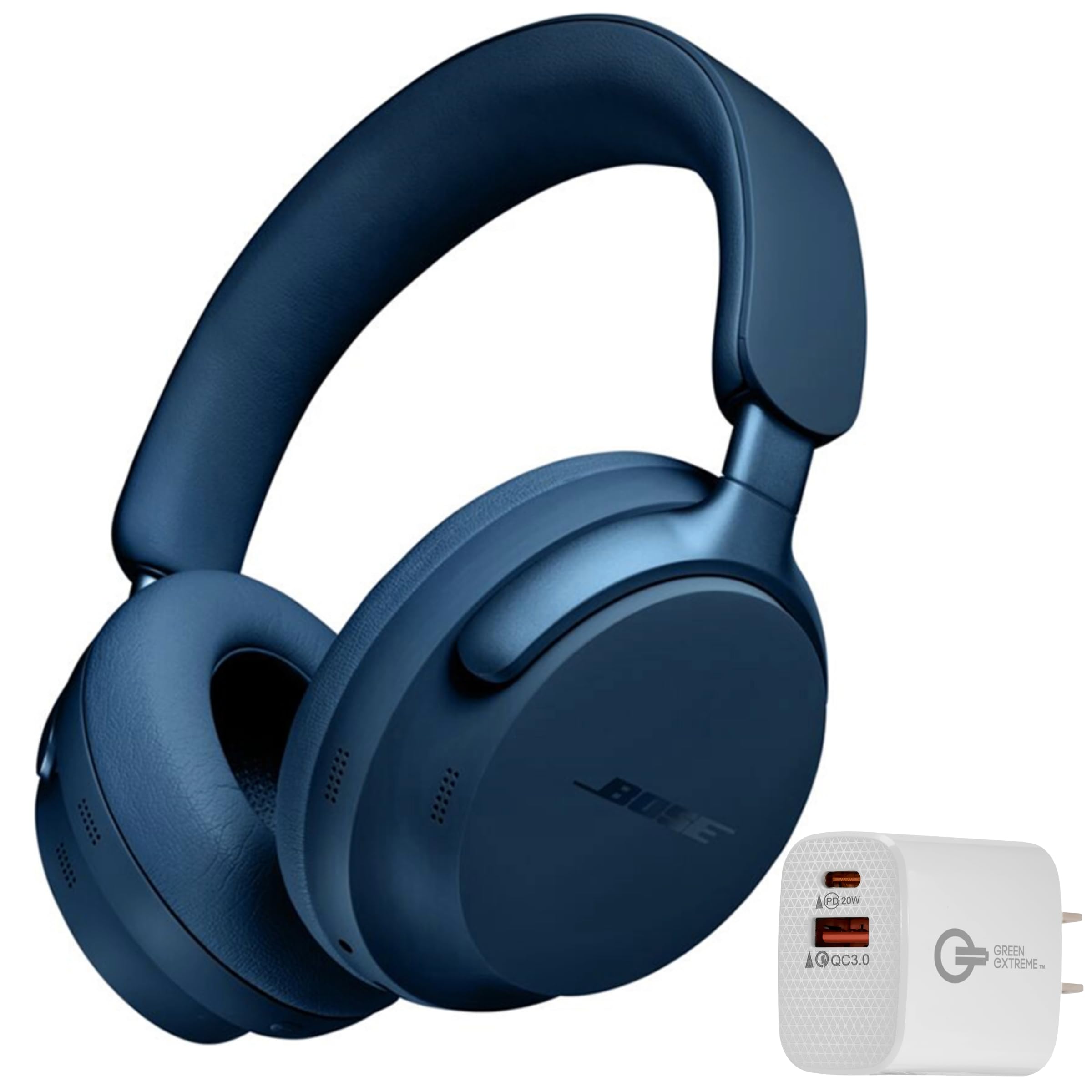 Bose QuietComfort Ultra Wireless Noise Cancelling Headphones with Spatial Audio, Over-The-Ear Headphones with Mic, Up to 24 Hours of Battery + Green Extreme 20W 2-Port Wall Charger (Lunar Blue)