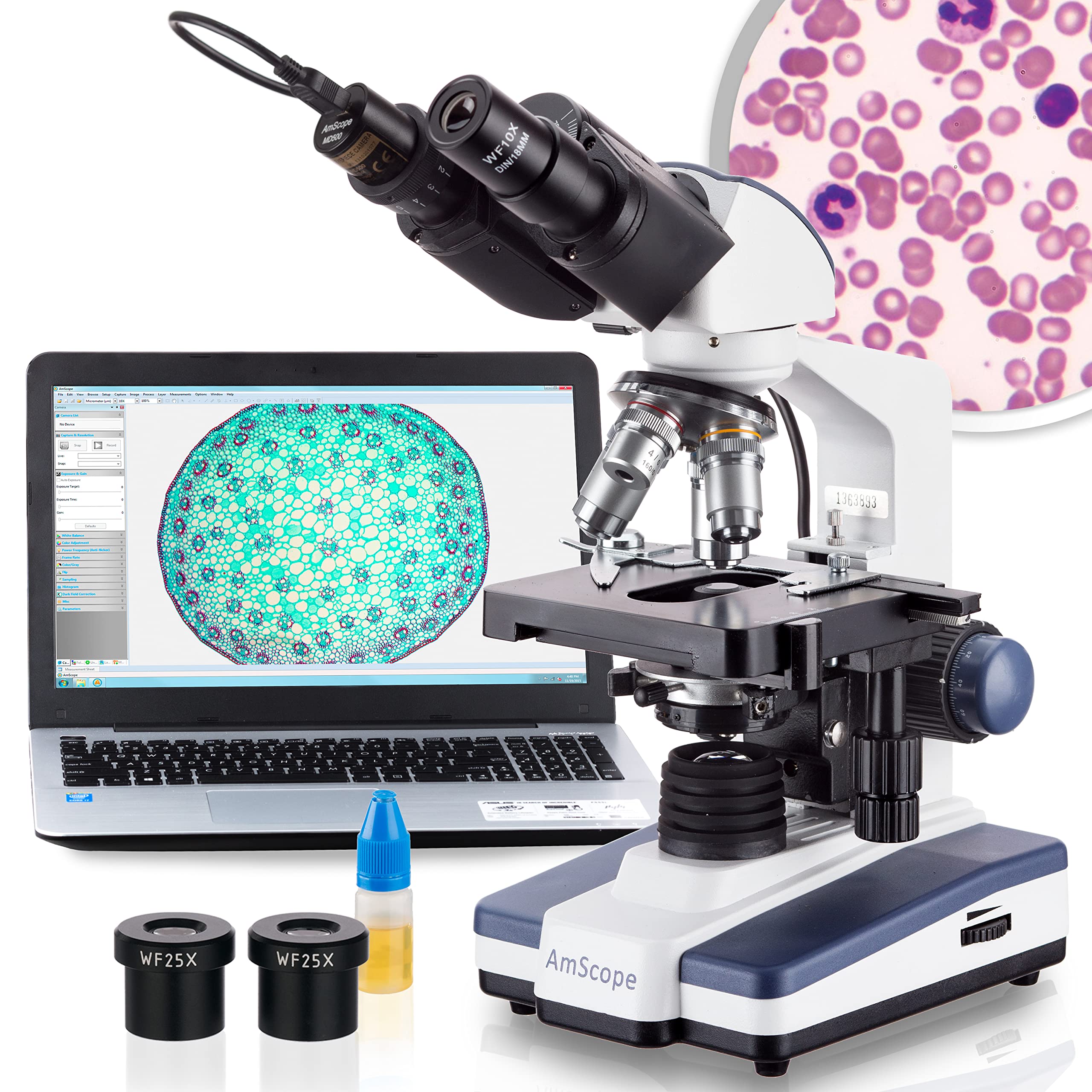AmScope B120 Series Student & Professional LED Binocular Compound Microscope - 40X-2500X Magnification - Includes 5MP USB Camera & Siedentopf Head
