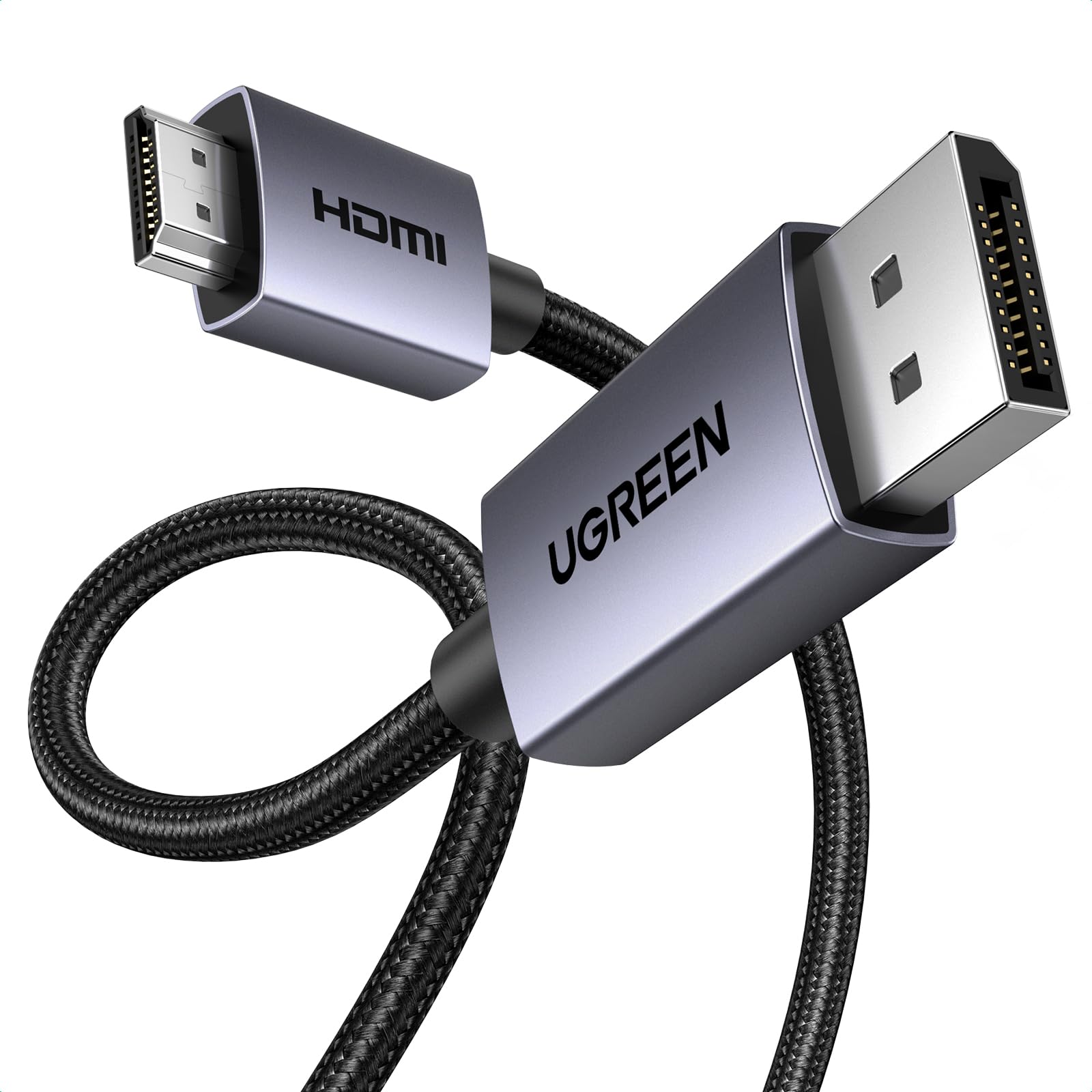 UGREEN 4K DisplayPort to HDMI Cable 1080P@120Hz, Active DP 1.2 to HDMI 1.4 Cord Alu Braided, Unidirectional Cable 6.6FT Compatible with Monitor, Desktop, HDTV, Laptop, AMD, NVIDIA