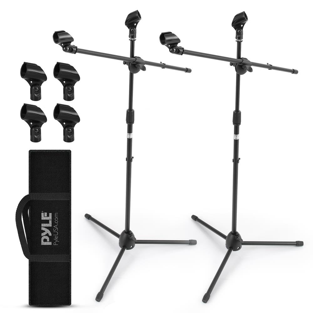 Pyle Universal Adjustable Tripod Microphone Stand - Pair of Heavy Duty Lightweight Professional Compact Extendable Stage Studio Floor Standing Boom Mic Holder w/ Carry Bag, 5/8" Adapter - PMKSKT35