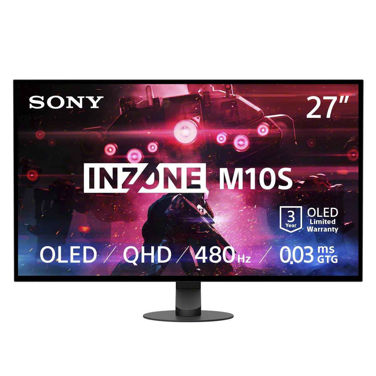 Sony INZONE M10S 27” OLED 1440p Gaming Monitor 480Hz 0.03ms, Low Profile Stand, Tournament Mode, Dual Screen Size (24.5”), G-SYNC Compatible, Anti-Glare, Custom Heatsink, 3-Year OLED Limited Warranty
