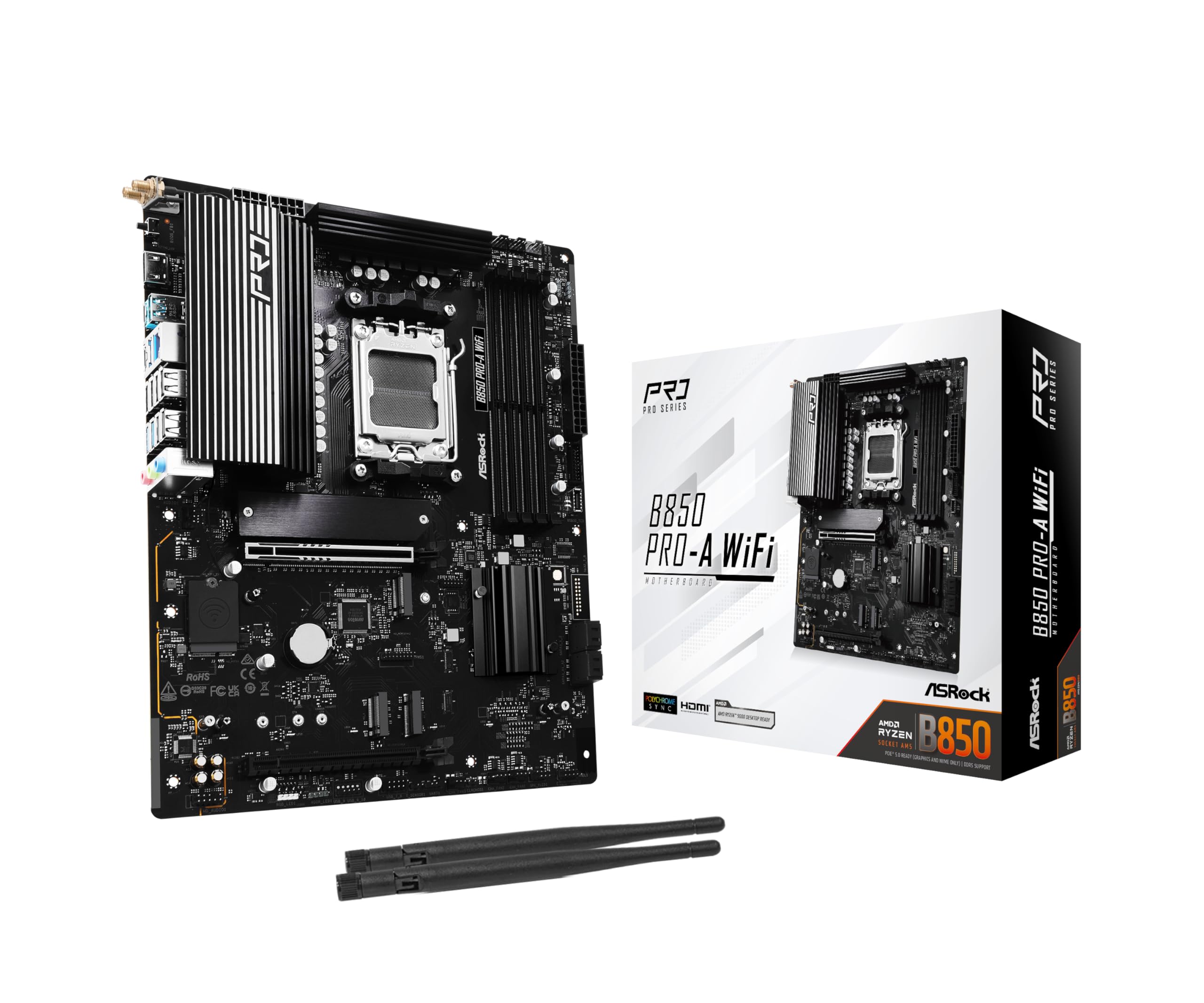 ASRock AMD B850 Pro A WiFi 6E Socket AM5 Ryzen 9000, 8000 and 7000 Series DDR5 up to 8000+ (OC) MHz 256GB ATX Motherboard M.2 SATA3 6.0 Gb/s PCIe 5.0 BIOS Flashback Realtek 2.5G LAN