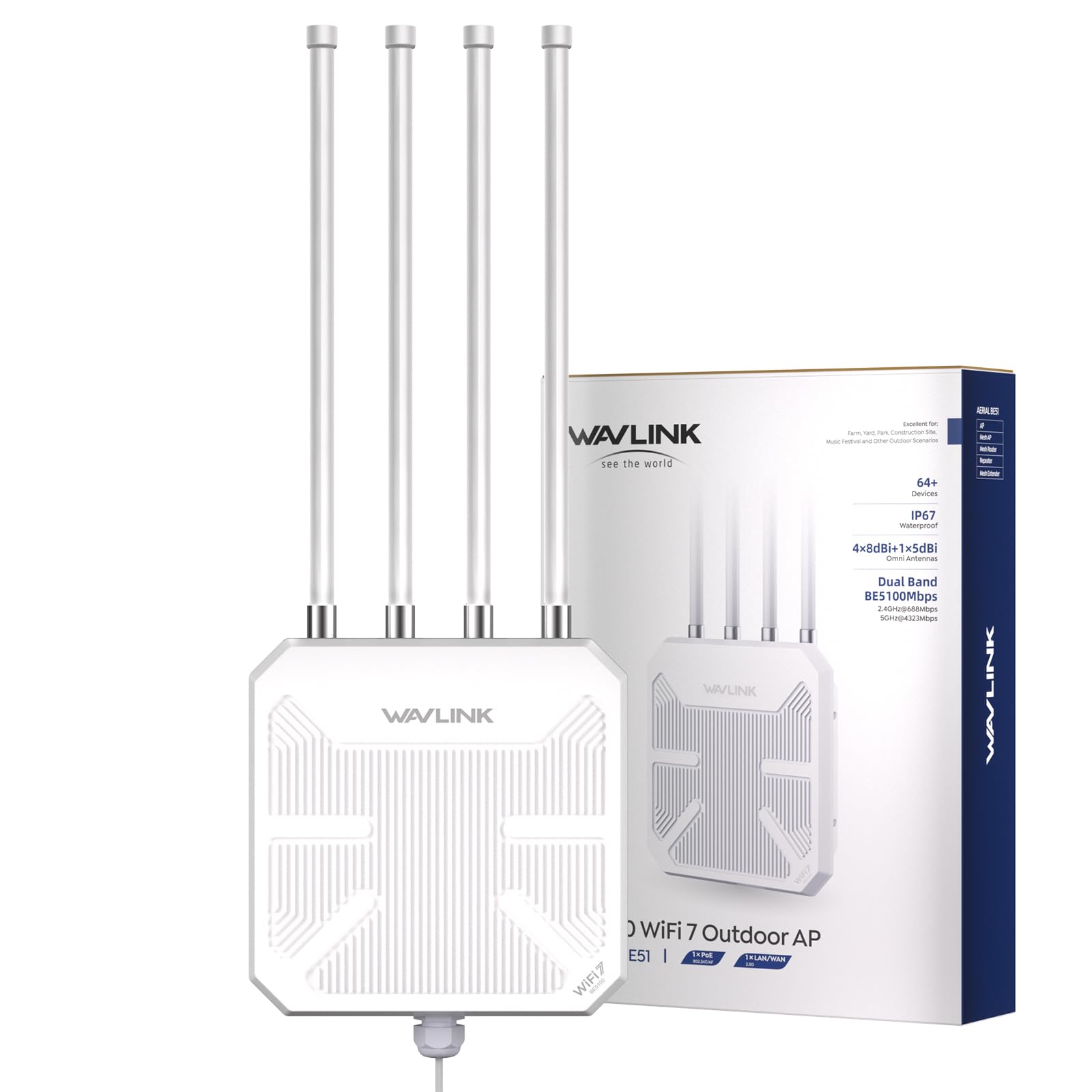 WAVLINK WiFi 7 BE5100 Outdoor WiFi Extender, Dual Band Long-Range Outdoor WiFi Repeater|Access Point|Mesh Router, POE Powered | IP67 Waterproof | 4 x 8dBi Antennas, 2.5 Gbps Ethernet, Up to 2800 sq.ft