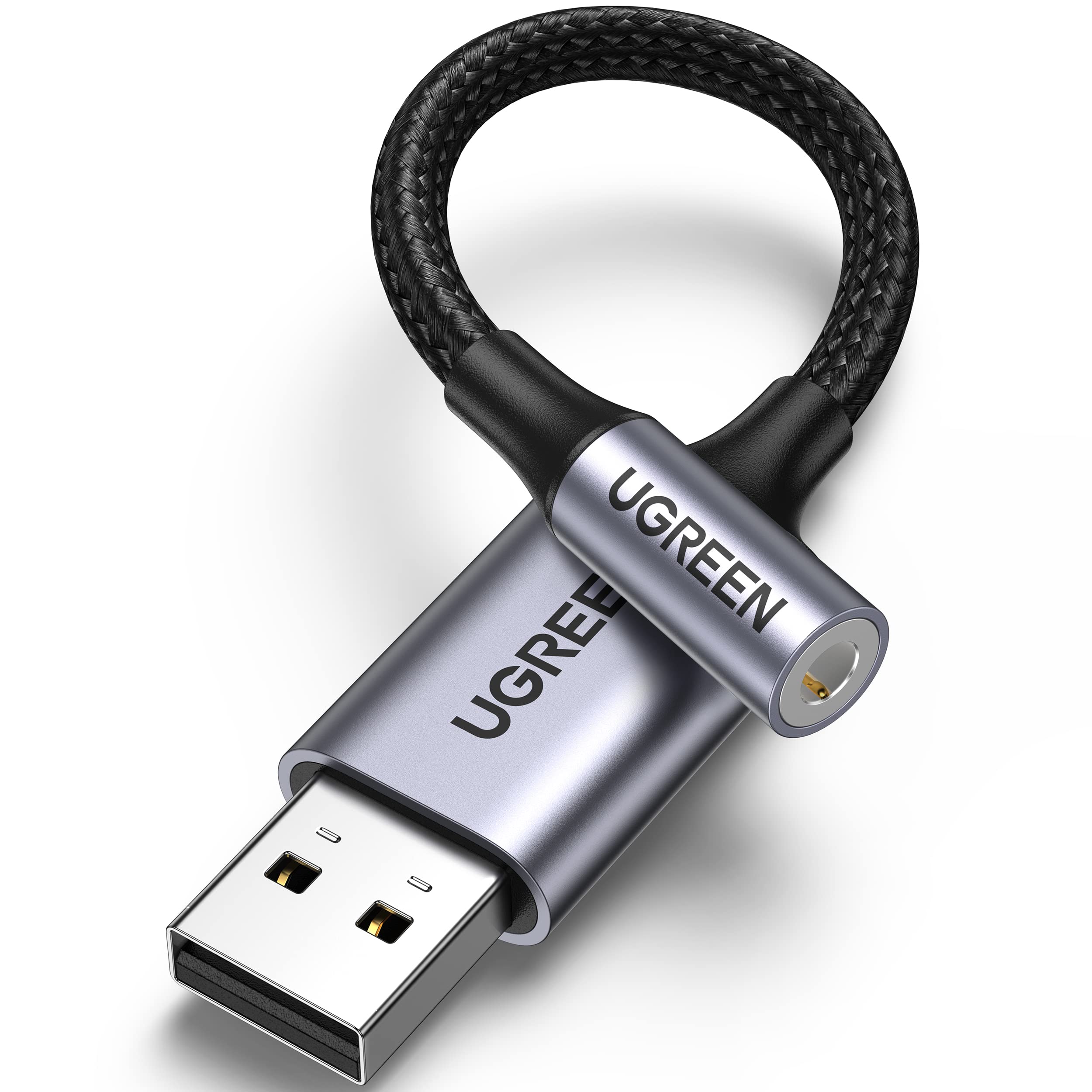 UGREEN USB to 3.5mm Jack Audio Adapter Sound Card Support Mic TRRS Headphone DAC 24bit 96kHz Nylon Braided USB to Aux Jack Compatible with Windows Mac Linux PC PS5 PS4 Switch 2 Speaker, 9.8 Inch