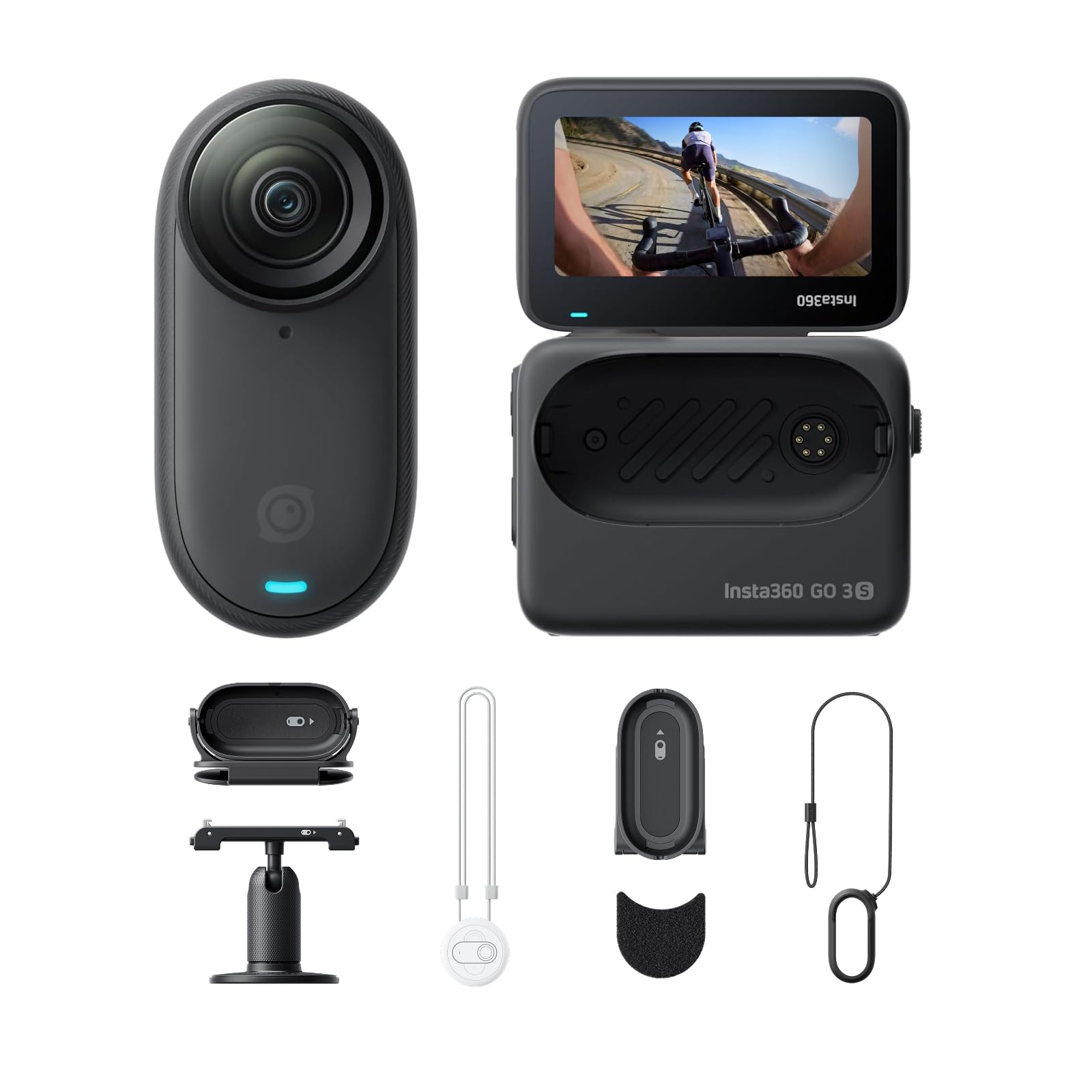 Insta360 GO 3S Cycling POV Bundle - 128 GB Black 4K Tiny Portable Vlogging Camera, Hands-Free POVs, Mount Anywhere, Stabilization, 140 Min Battery Life, 10m Waterproof, Pet POV, Black