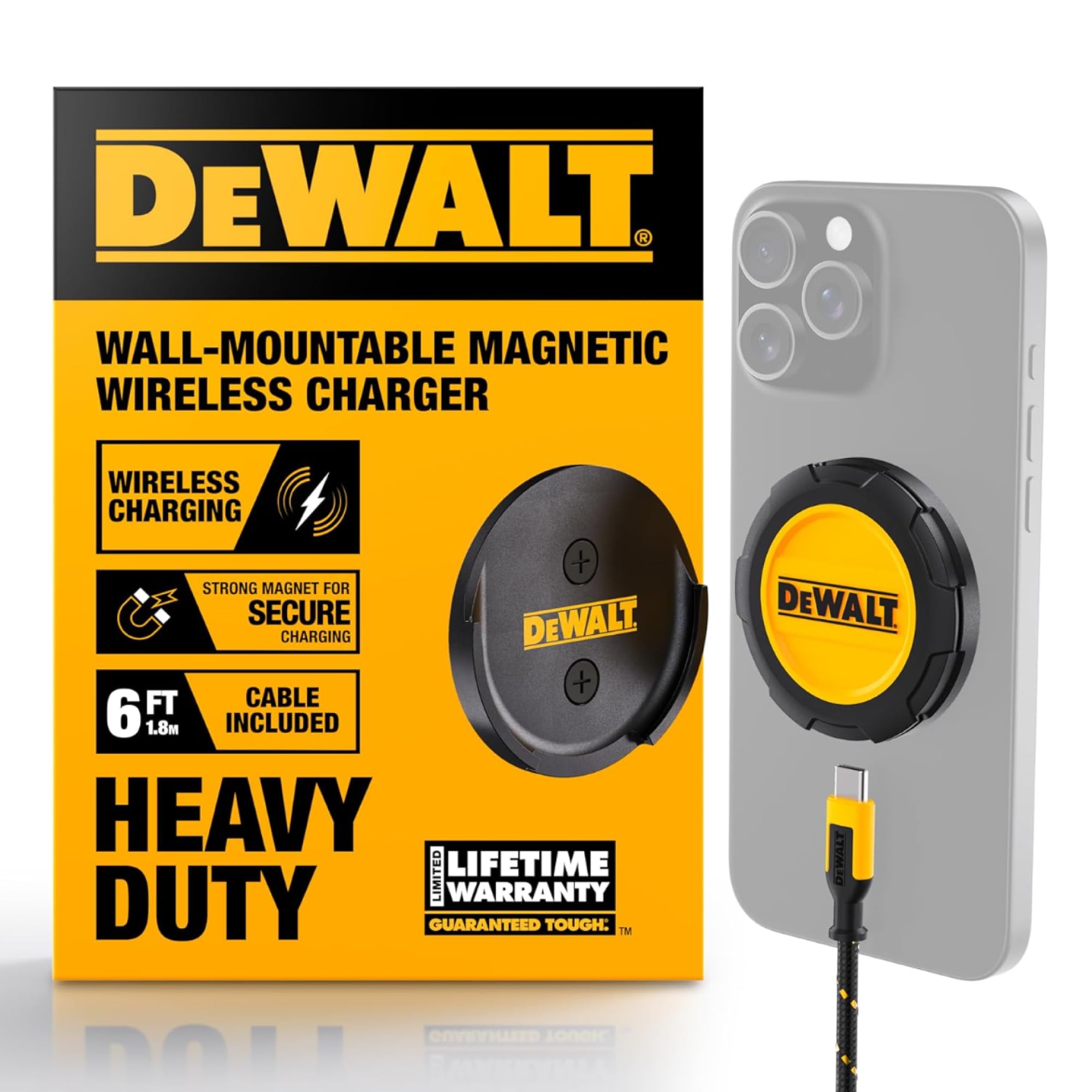 DEWALT Heavy Duty Wireless Charger, 15W Max Cell Phone Charger, Fast Wireless Charging Pad for MagSafe Compatible iPhone 16/16 Plus/16 Pro Max/15/14/13/12, Includes Wall Mounting Plate (No AC Adapter)
