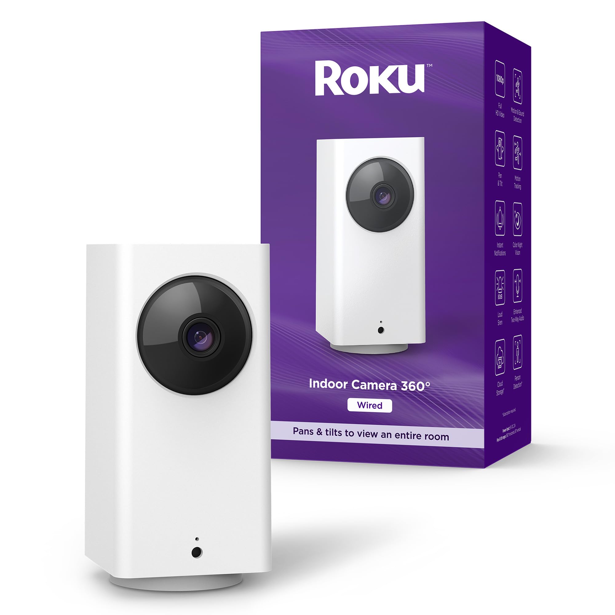 Roku Indoor Camera 360° for Home Security - Security Camera with 1080p HD Color Night Vision, Works with Alexa & Google, Motion Detection & Tracking - Pan & Tilt - 90-Day Subscription Included