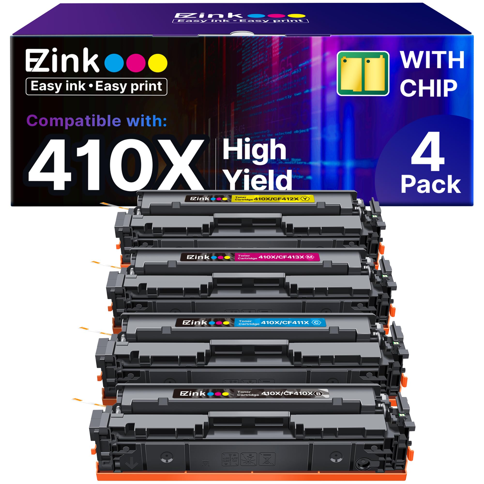 E-Z Ink 410X Toner Cartridges Compatible for HP 410X 410A CF410X CF411X CF412X CF413X to Use with HP Color Laserjet Pro MFP M477fdw M477fdn M477fnw Pro M452dn M452nw M452dw (with Chip -B/C/Y/M)
