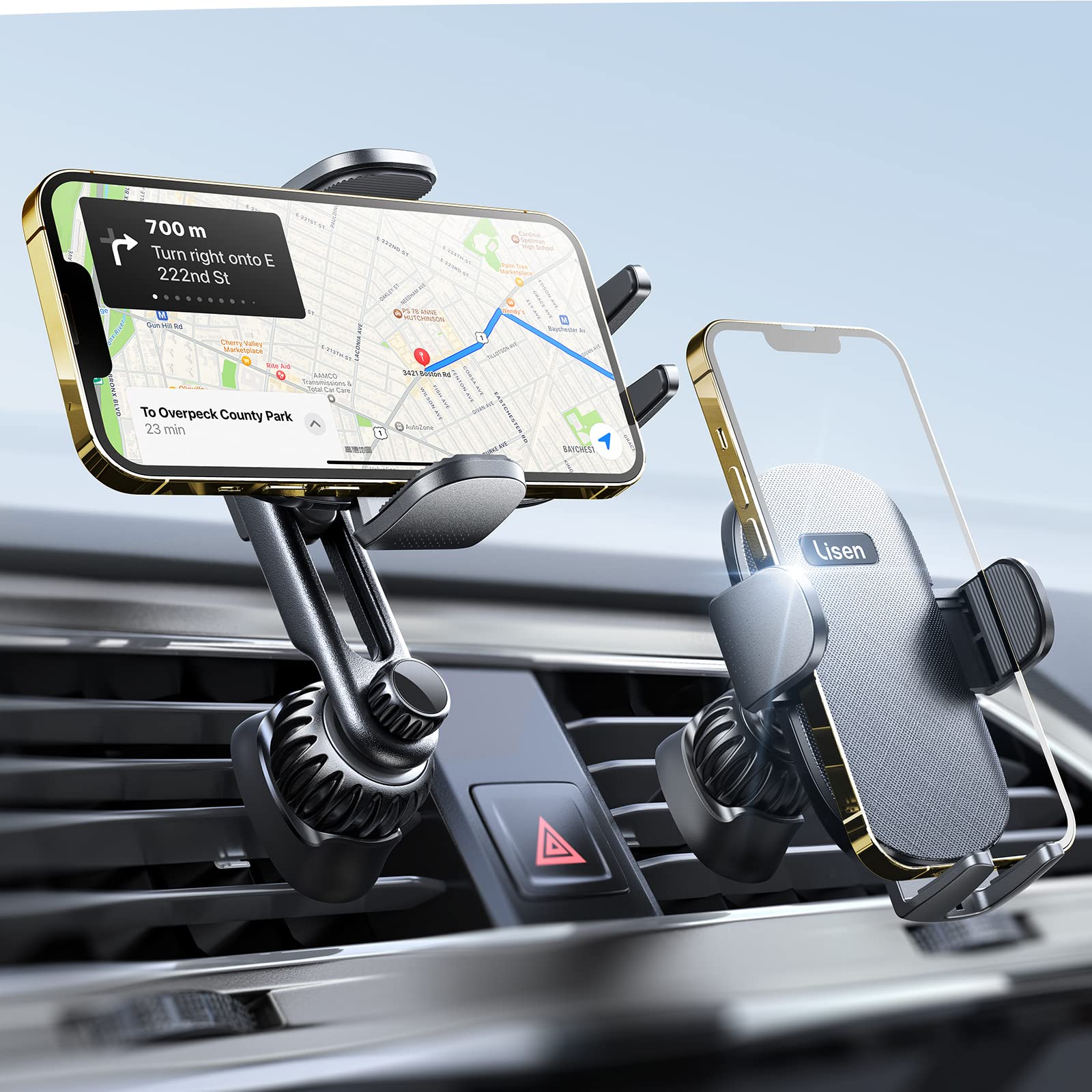 LISEN Cell Phone Car Mount for iPhone [Enjoy Never Blocking], Universal Car Phone Holder Vent Phone Mount for Car [2 Hook Kit] Hands Free Phone Car Mount Fits iPhone 15 14 13 Pro Max Plus Samsung