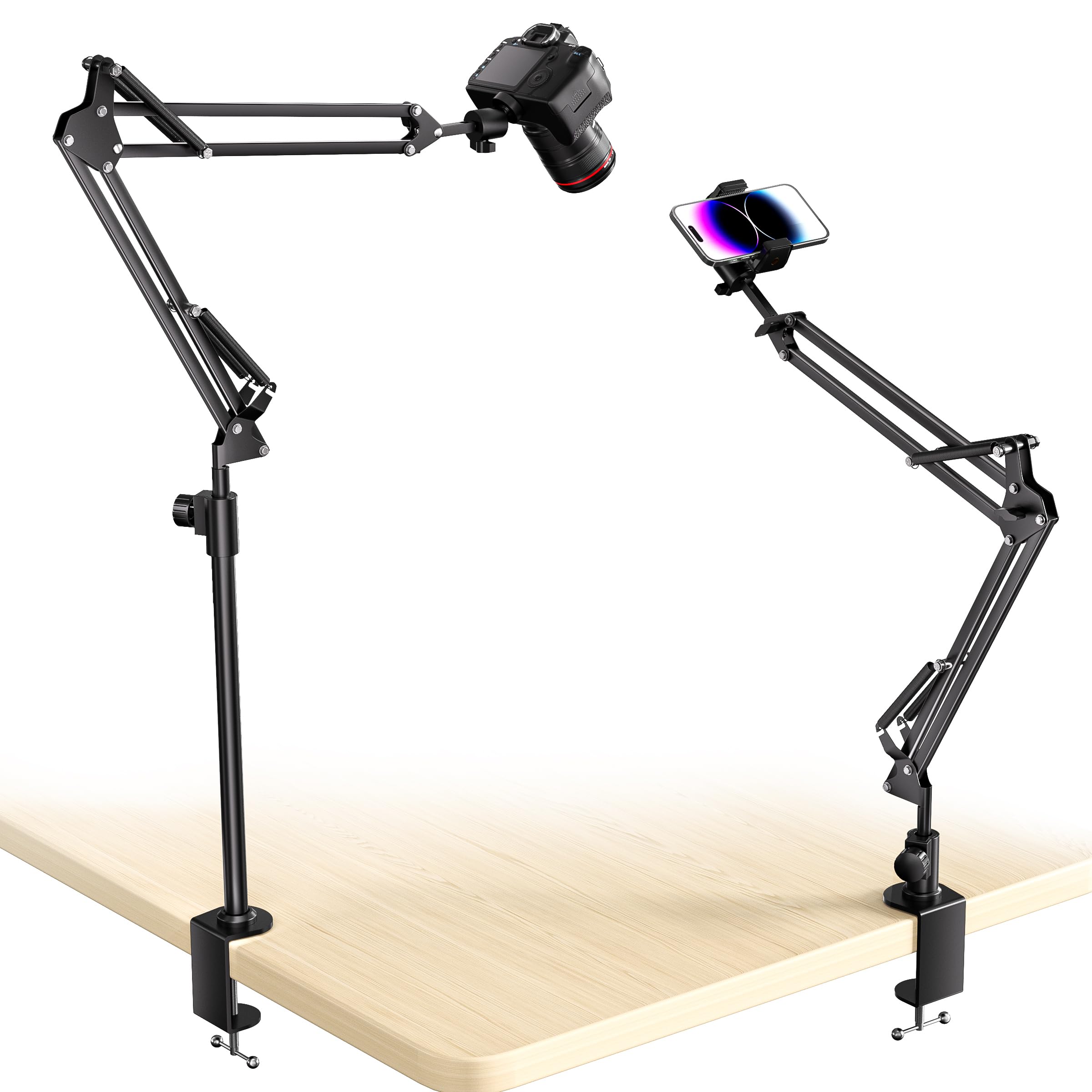UBeesize Overhead Camera Mount with 360° Adjustable Arm & Phone Holder for TikTok Live Streaming Photography Studio Content Creation, Desk Mount for DSLR Cameras/Webcam/iPhone/Ring Light/Microphone