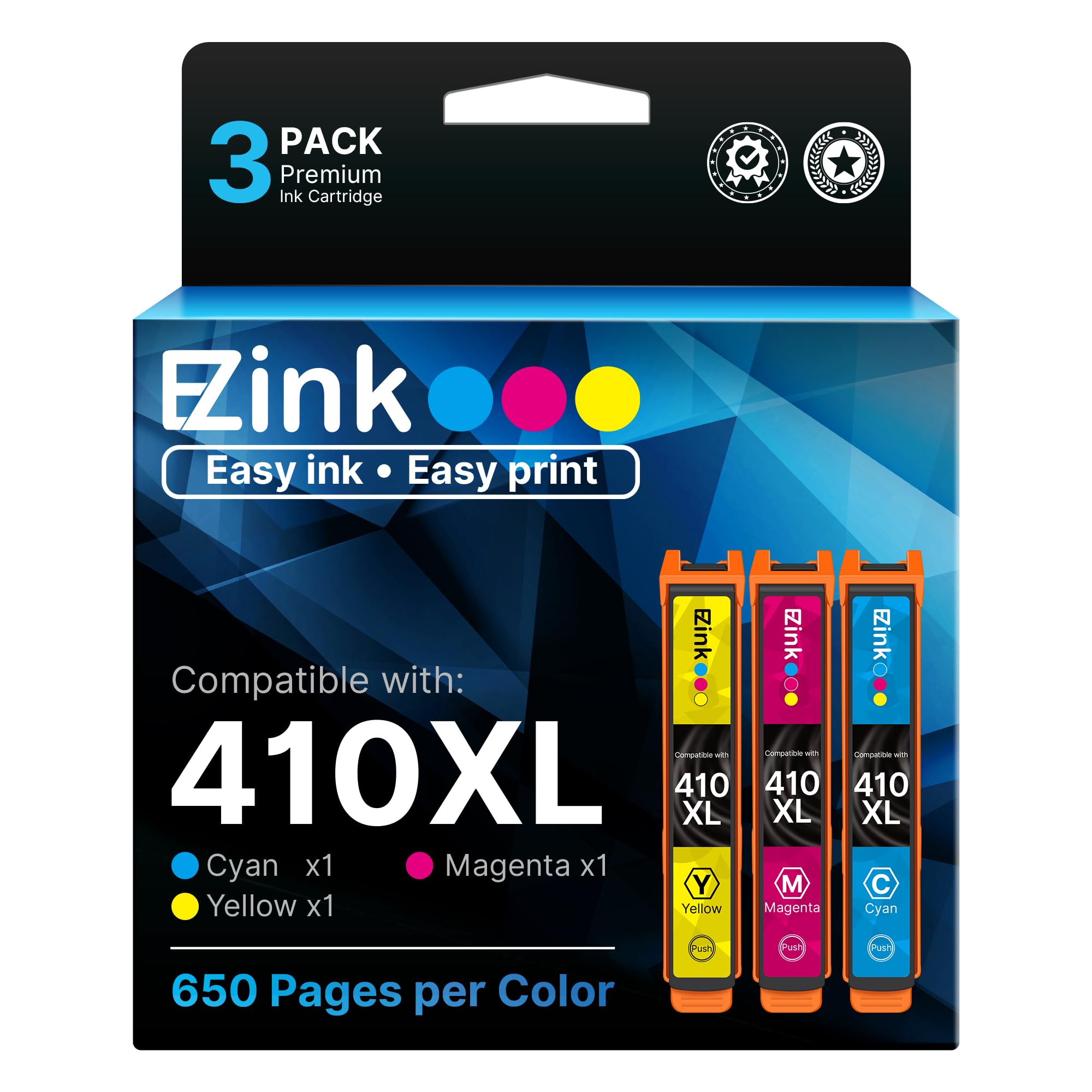 E-Z Ink Remanufactured for Epson 410XL 410 XL T410XL Ink Cartridges Cyan Magenta Yellow to use with Expression XP-830 XP-7100 XP-530 XP-640 XP-630 XP-635 Printer (1C, 1M, 1Y, 3 Pack)