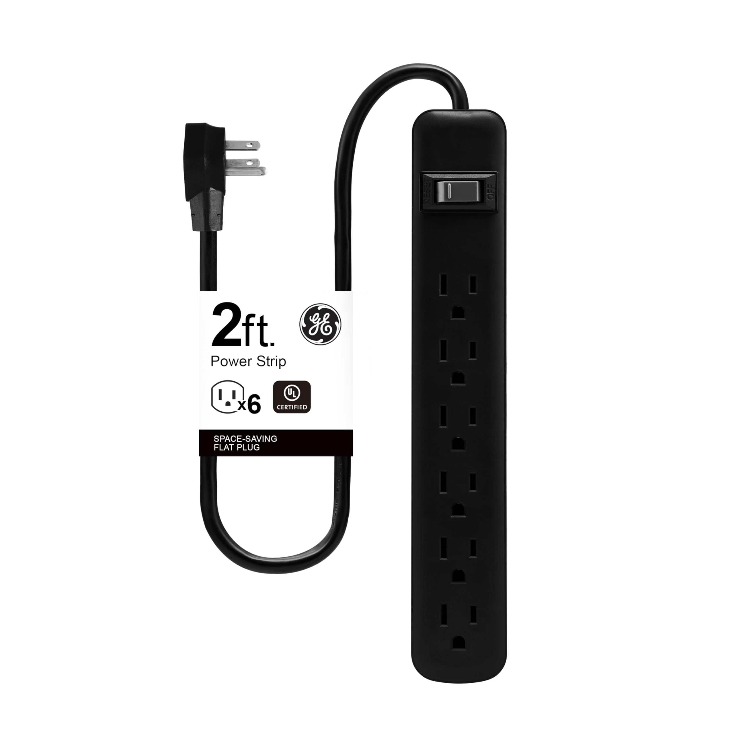 GE 6-Outlet Power Strip, 2 Ft Extension Cord, Heavy Duty Plug, Grounded, Integrated Circuit Breaker, 3-Prong, Wall Mount, ETL Listed, Black, 14831